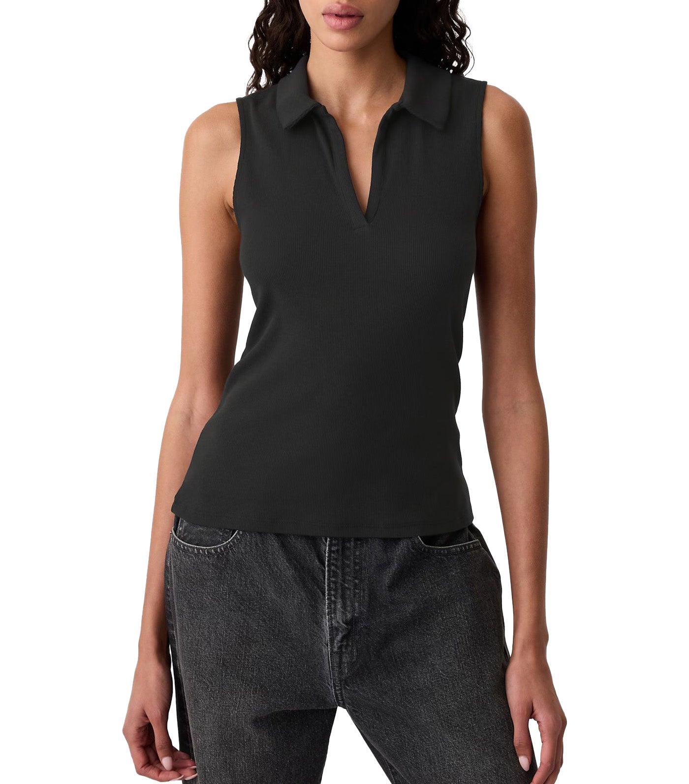 Ribbed Sleeveless Polo Shirt True Black V2