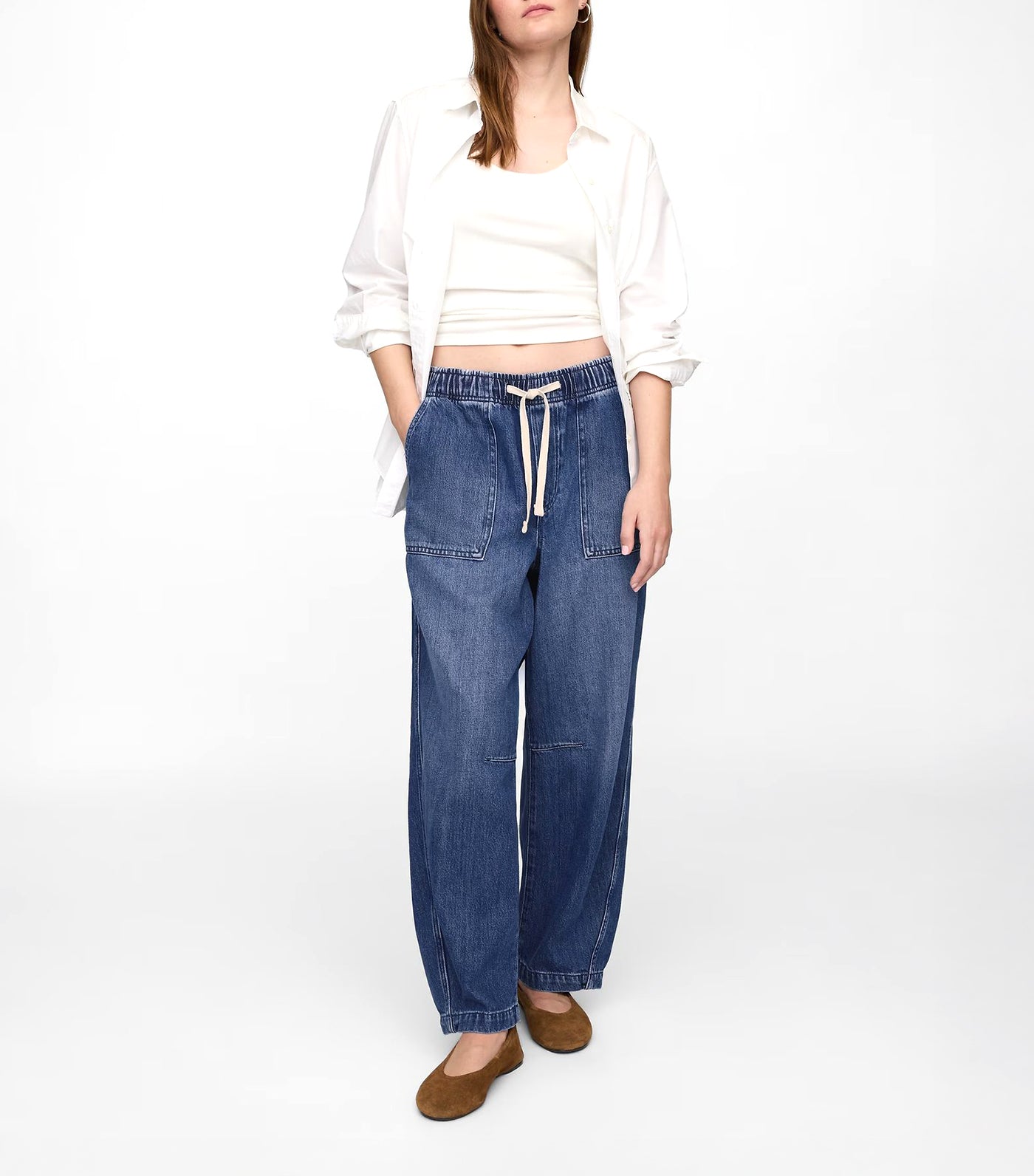 Mid Rise SuperSoft Pull-On Barrel Jeans Medium Wash