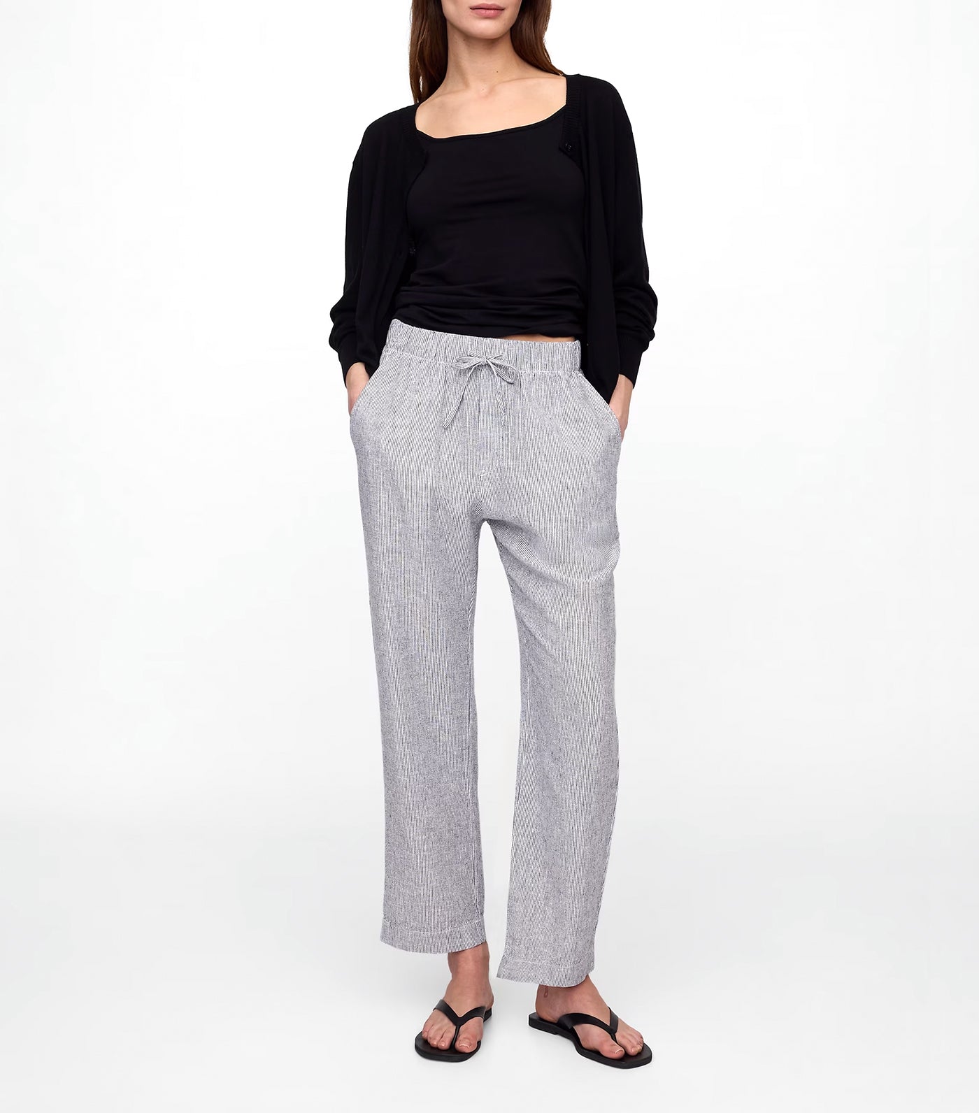 Mid Rise Linen-Blend Stripe Easy Pants White Navy Stripe