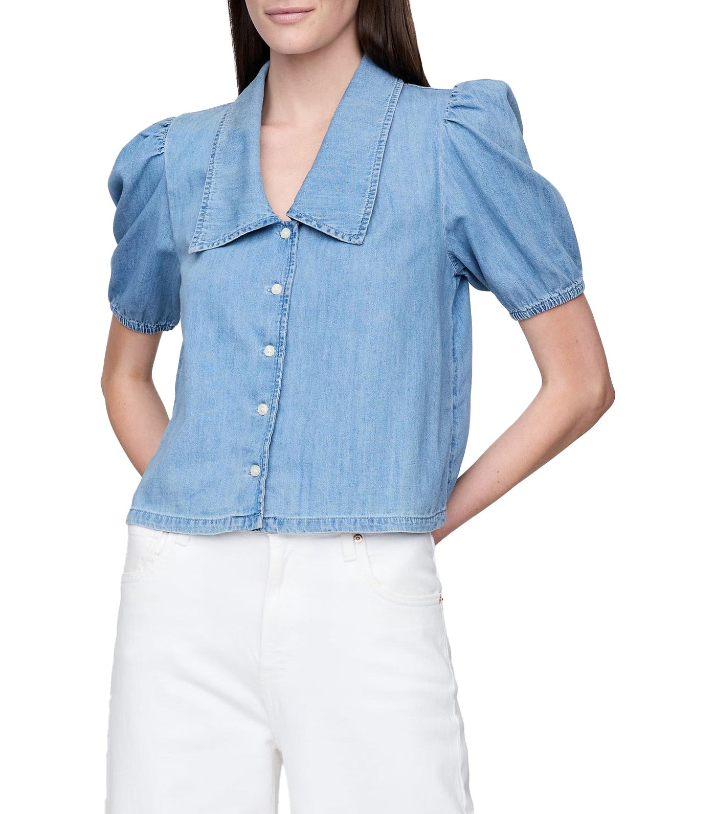 Denim Puff-Sleeve Collared Shirt