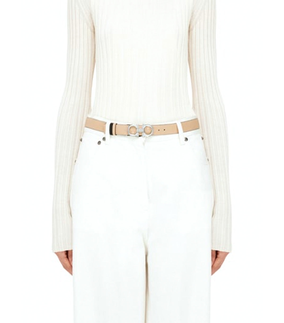 Reversible and Adjustable Gancini Belt New Bisque/Black