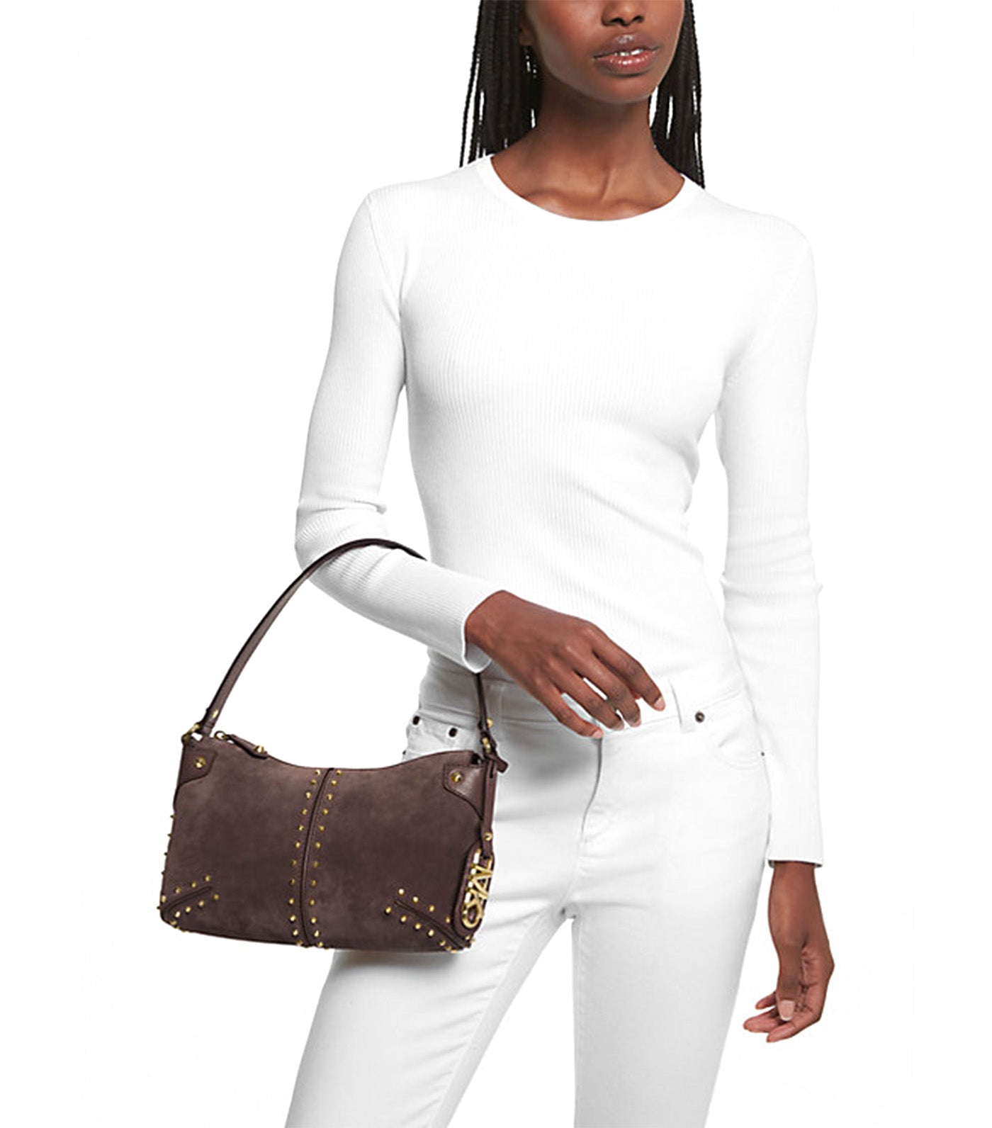 Astor Large Studded Suede Shoulder Bag Chocolate