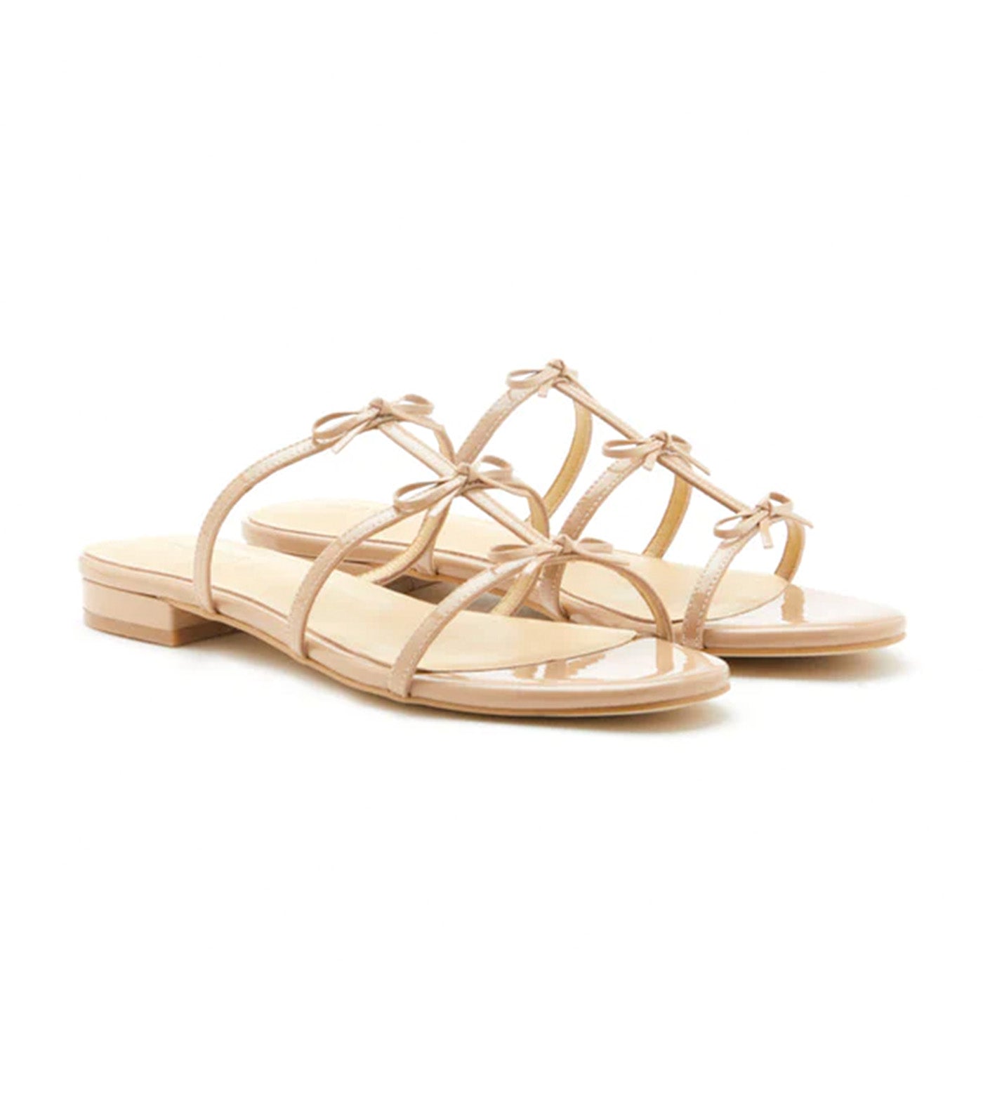Elena Bow Cage Patent Leather Slides Almond
