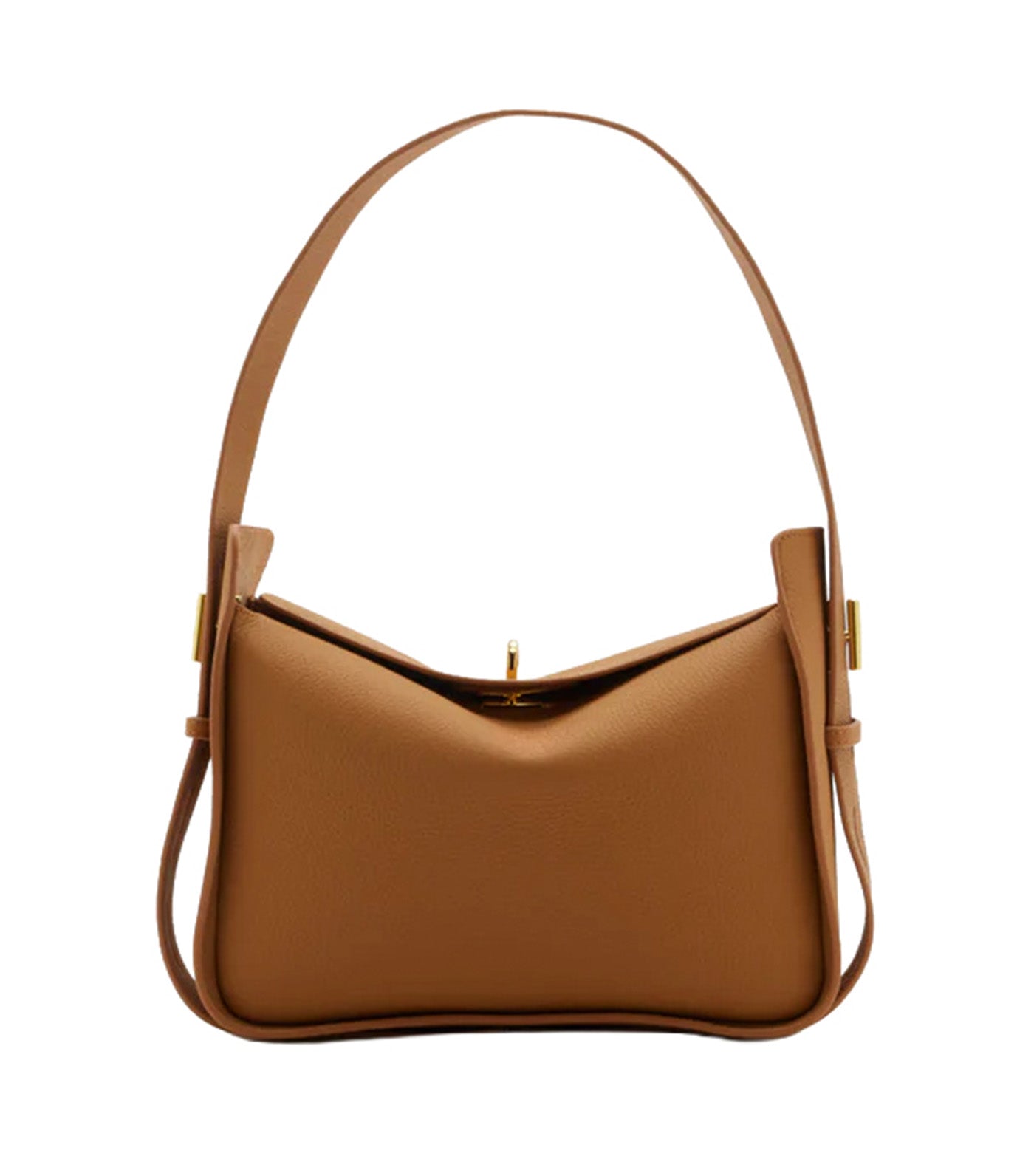 Yelivienne Twist Lock Leather Shoulder Bag Camel