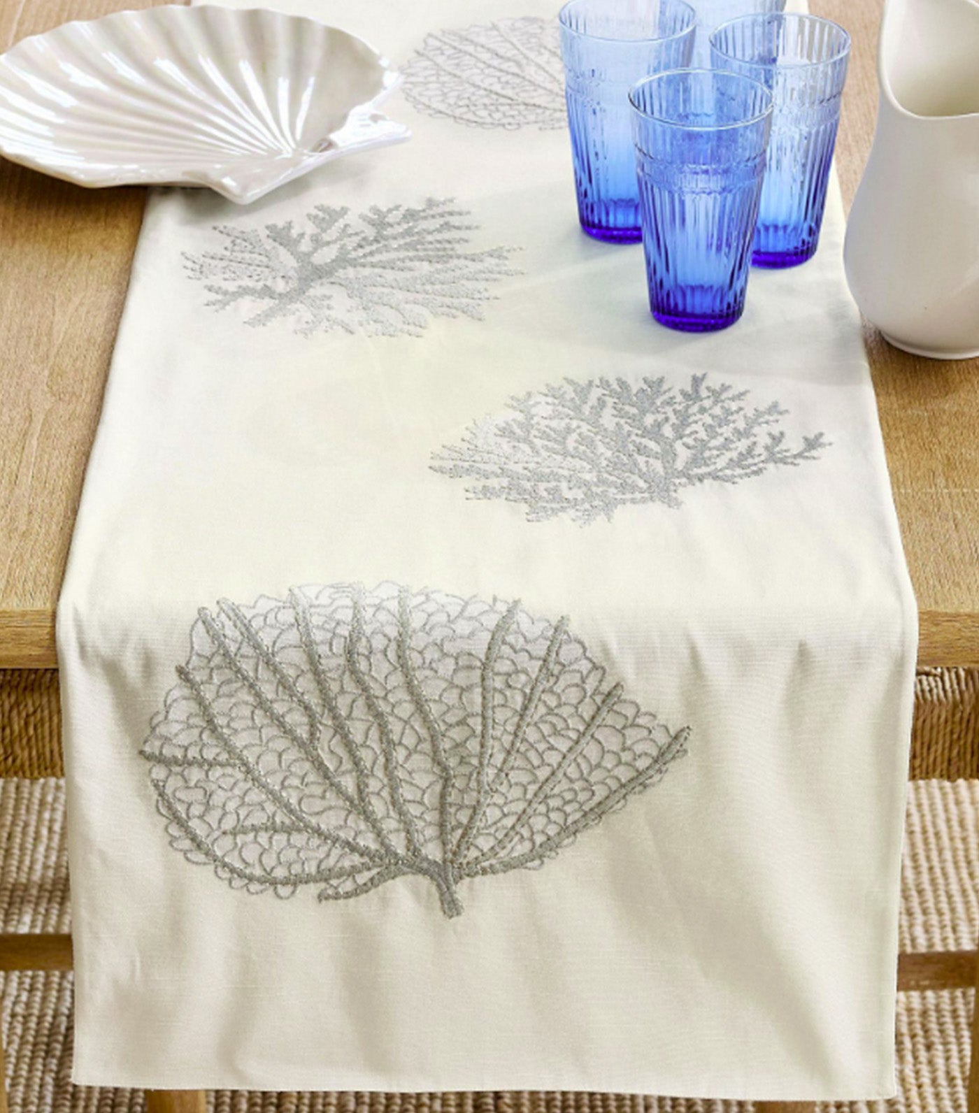 Coral Shimmer Embroidered Cotton Table Runner White Multi