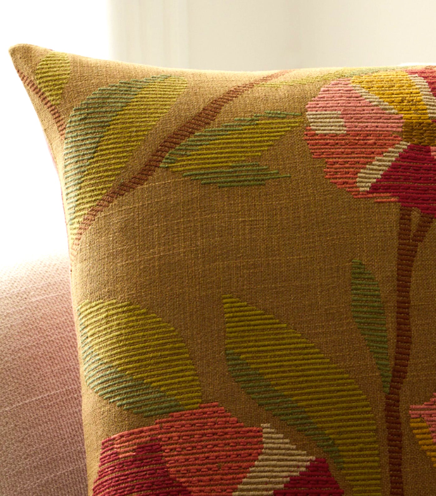 Embroidered Ribbed Floral Pillow Cover Dark Honey