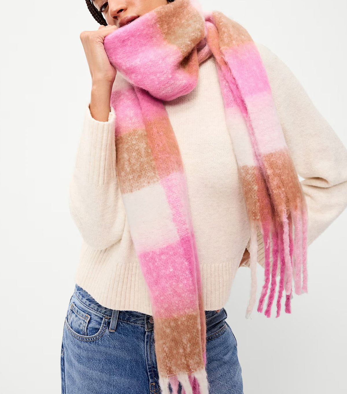 Fringed Scarf Big Pink Plaid