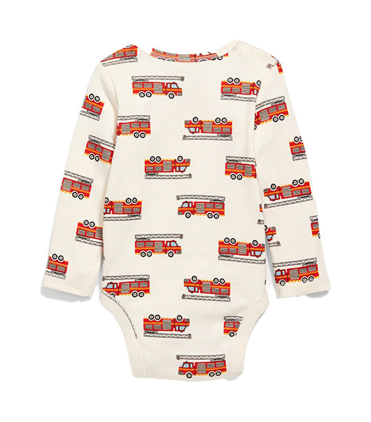 Unisex Long-Sleeve Printed Bodysuit for Baby Fire Engine