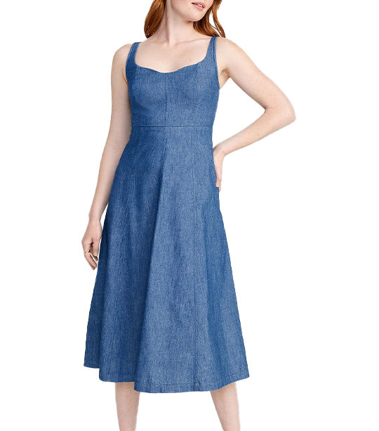 Fit & Flare Sleeveless Jean Midi Dress for Women Dark Wash Hi