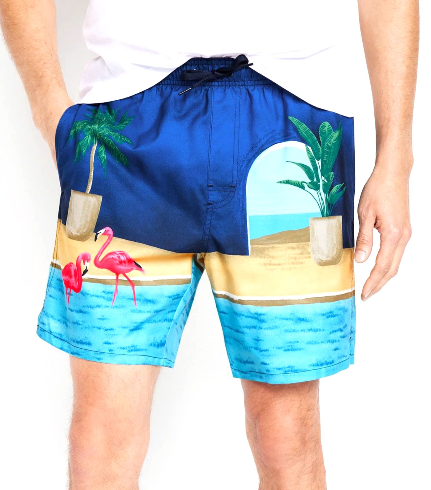 Printed Swim Trunks for Men 7-inch inseam Pink Flamingo