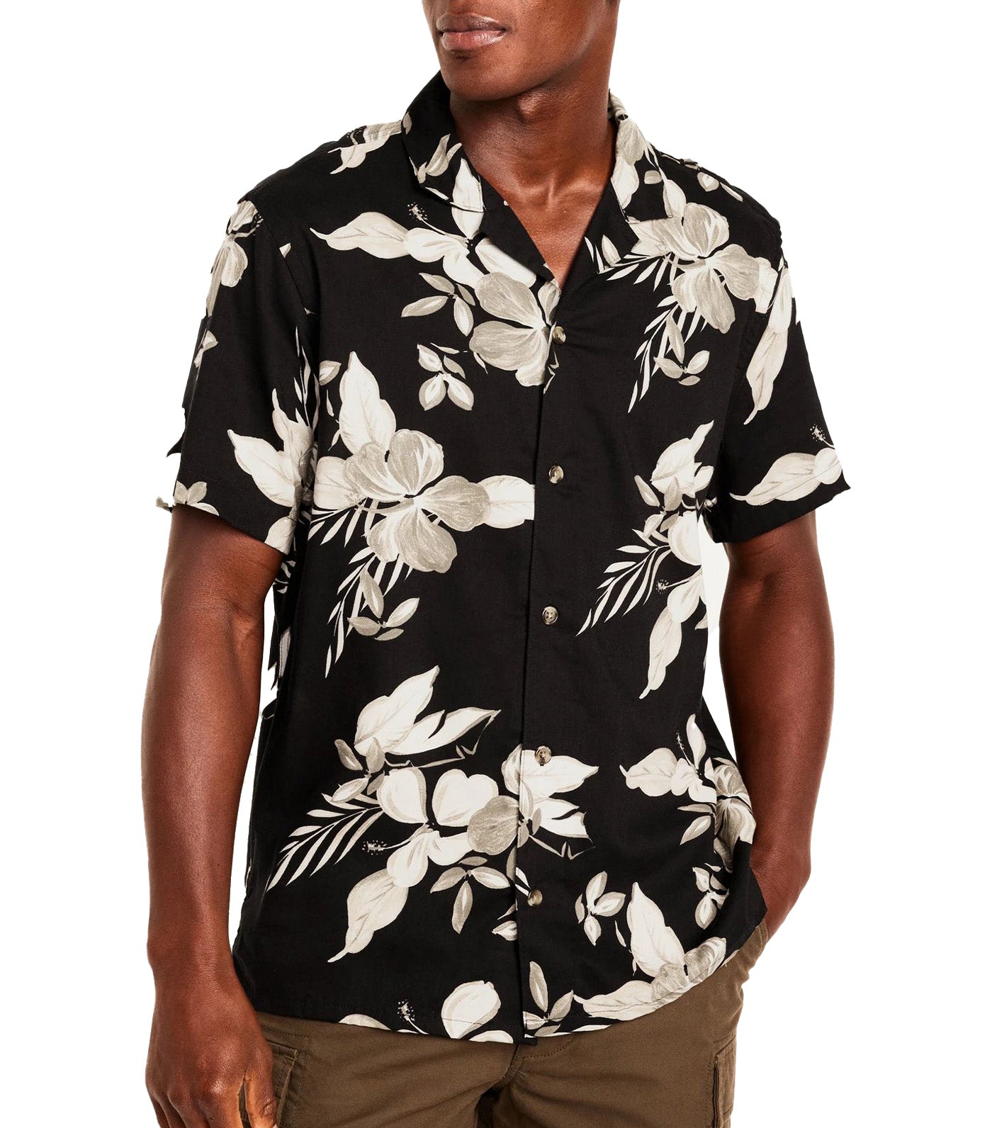 Short-Sleeve Printed Camp Shirt for Men Black Floral