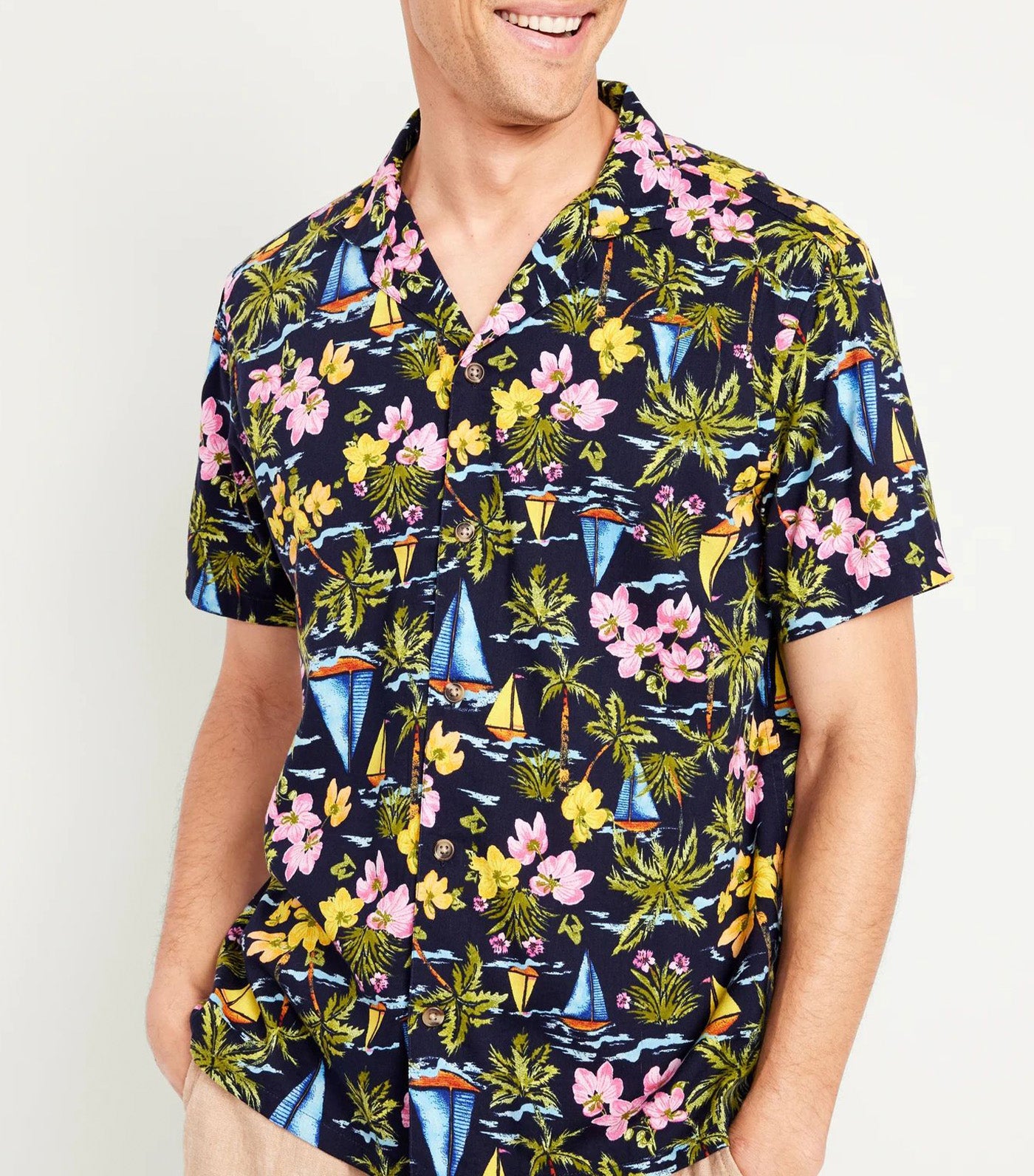 Short-Sleeve Printed Camp Shirt For Men Blue Sailboats