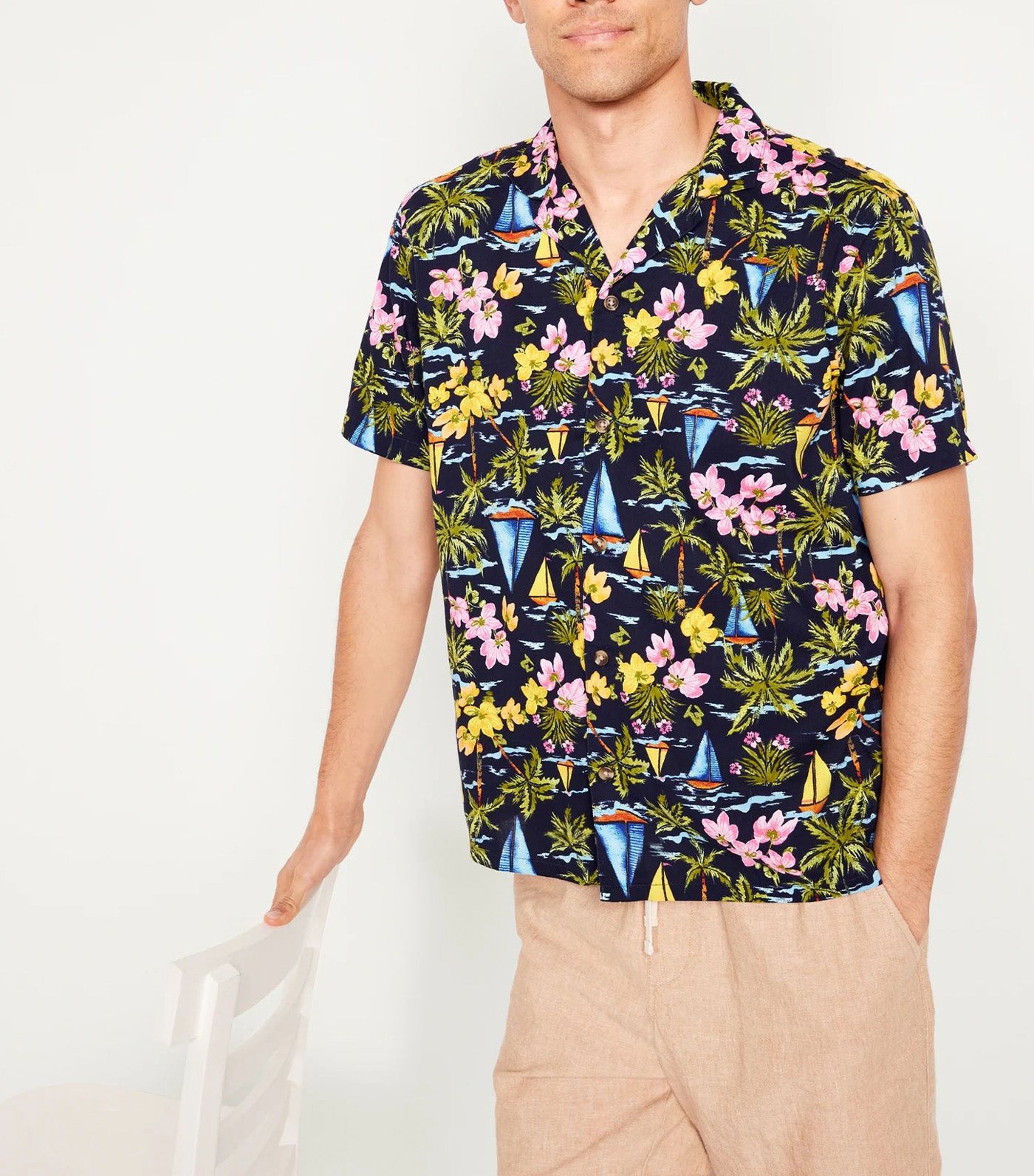 Short-Sleeve Printed Camp Shirt For Men Blue Sailboats
