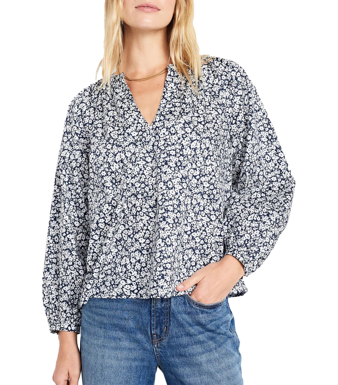Long-Sleeve Split-Neck Top for Women Navy Floral