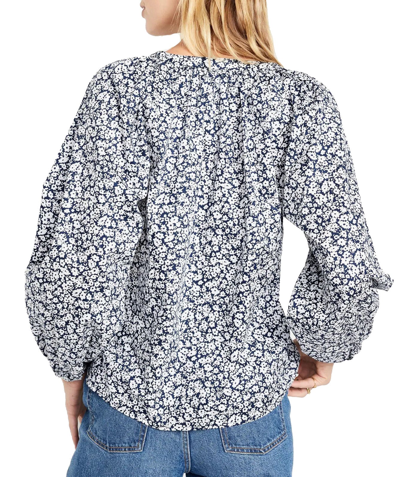 Long-Sleeve Split-Neck Top for Women Navy Floral