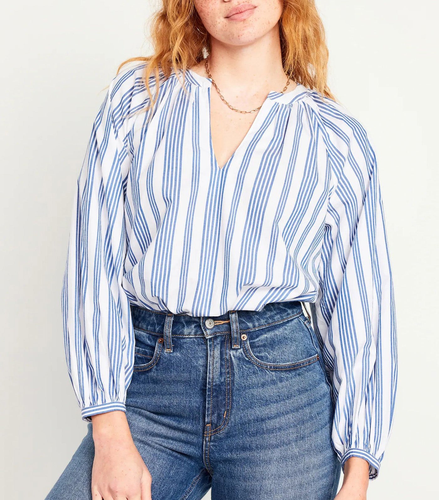 Long-Sleeve Split-Neck Top For Women White/Blue Stripe