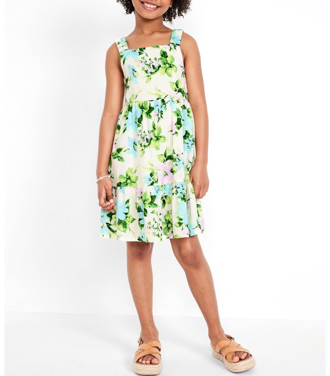Printed Sleeveless Tiered Dress for Girls Cream Floral