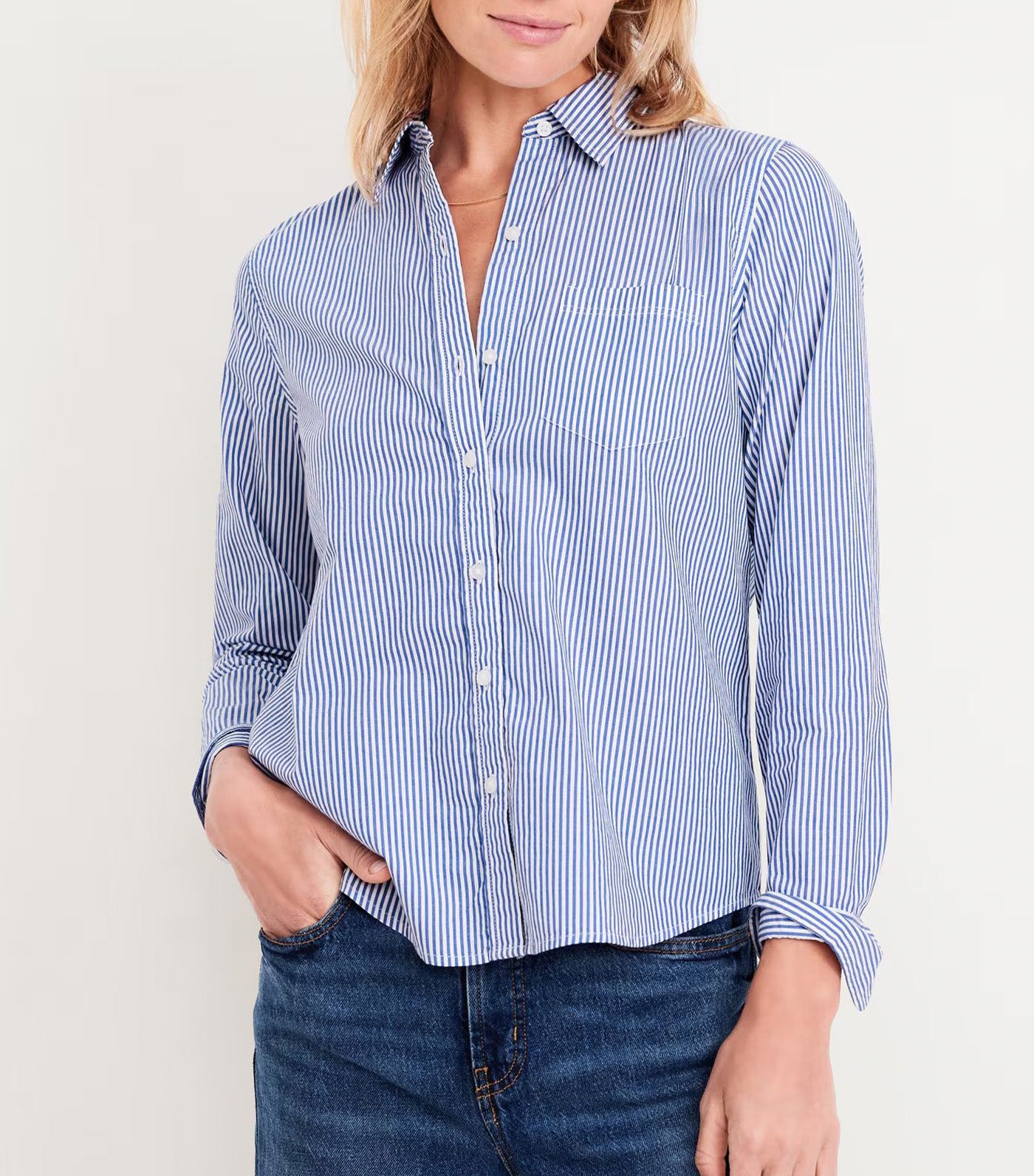 Classic Button-Down Shirt for Women White/Blue Stripe