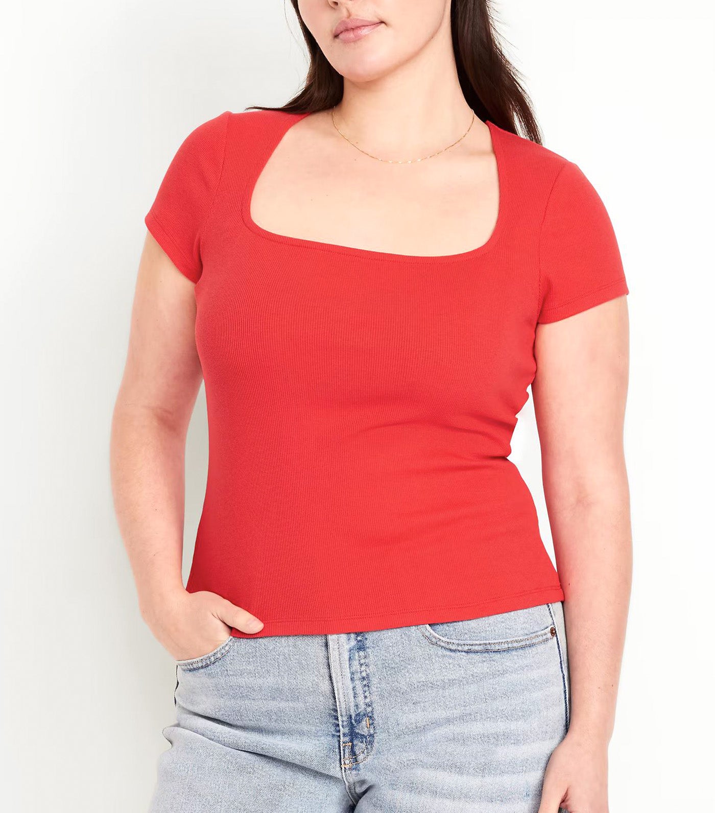 Ribbed Square-Neck T-Shirt for Women Live Coral