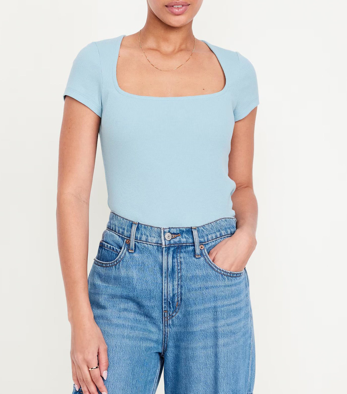 Ribbed Square-Neck T-Shirt for Women Cool Rain