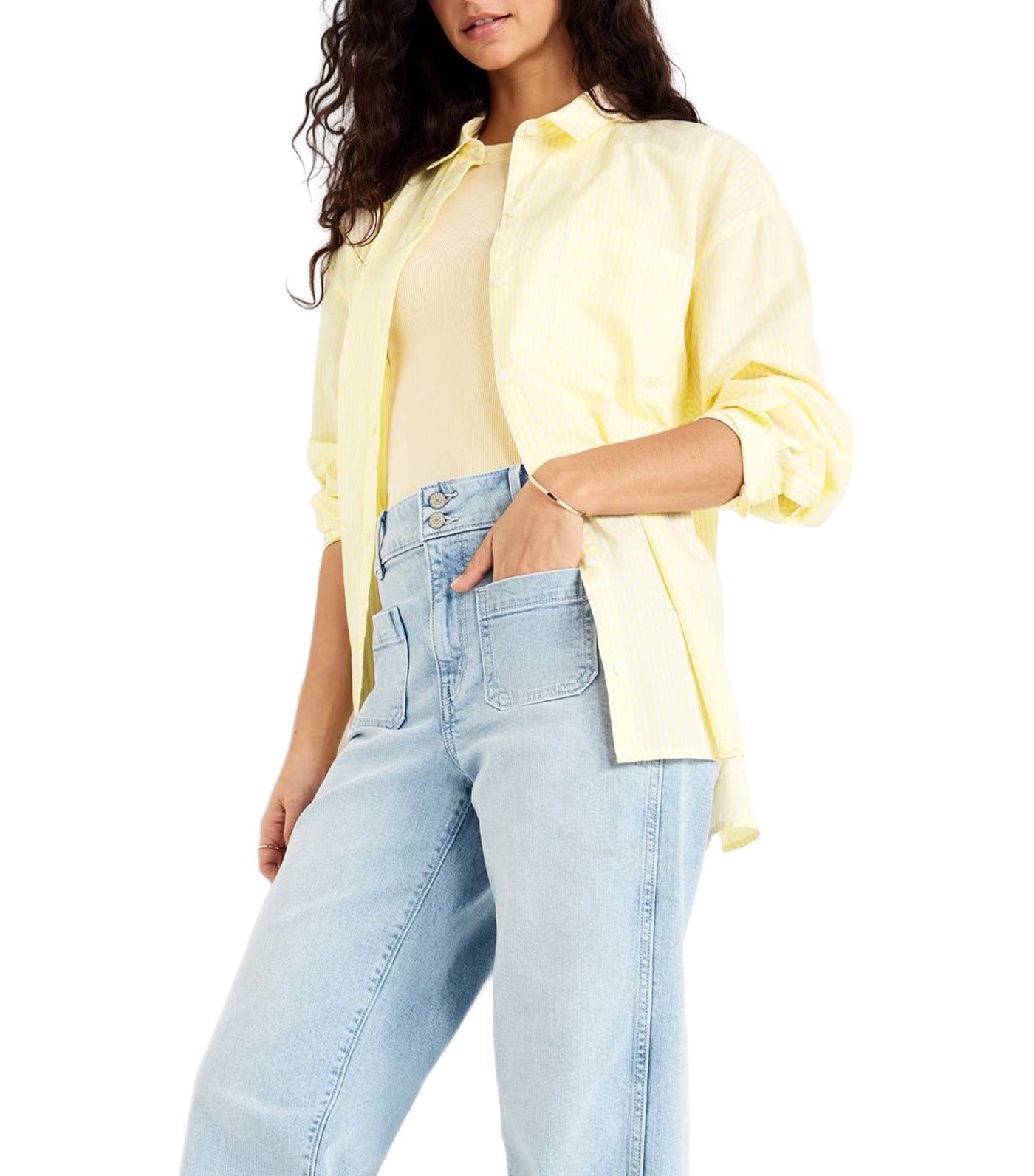 Oversized Button-Down Boyfriend Shirt for Women Yellow Stripe