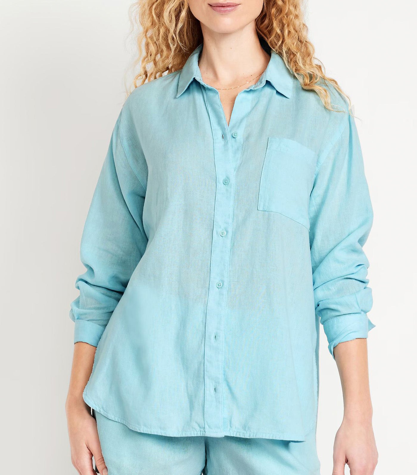 Linen-Blend Loose Button-Down Shirt for Women Ceramic Blue