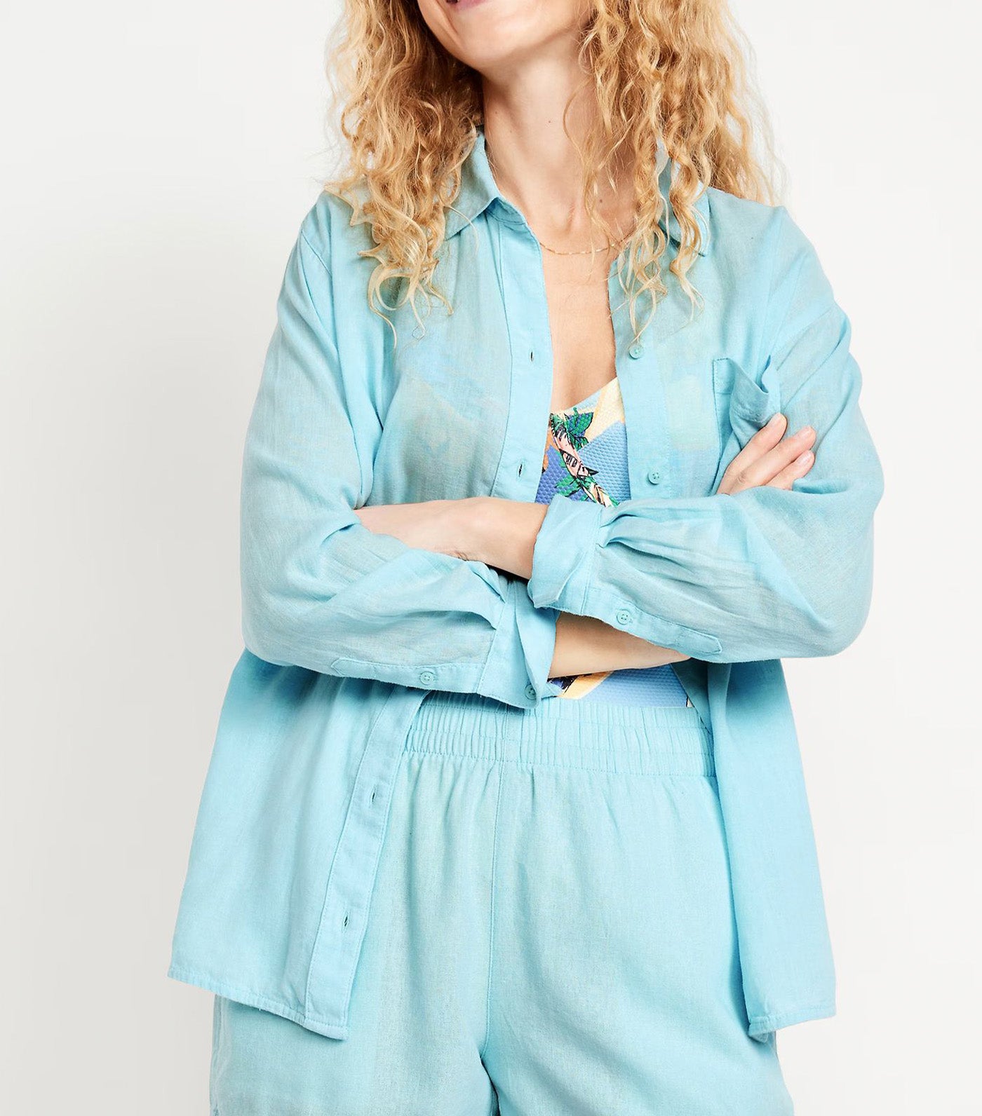 Linen-Blend Loose Button-Down Shirt for Women Ceramic Blue