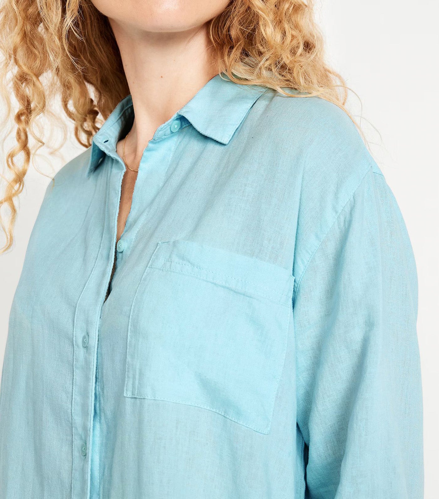 Linen-Blend Loose Button-Down Shirt for Women Ceramic Blue