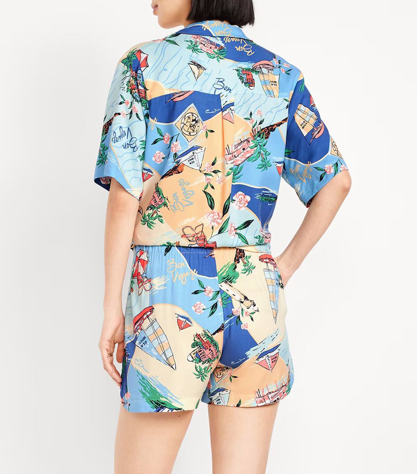 High-Waisted Twill Pull-On Shorts - 4in Inseam for Women Beach Scene