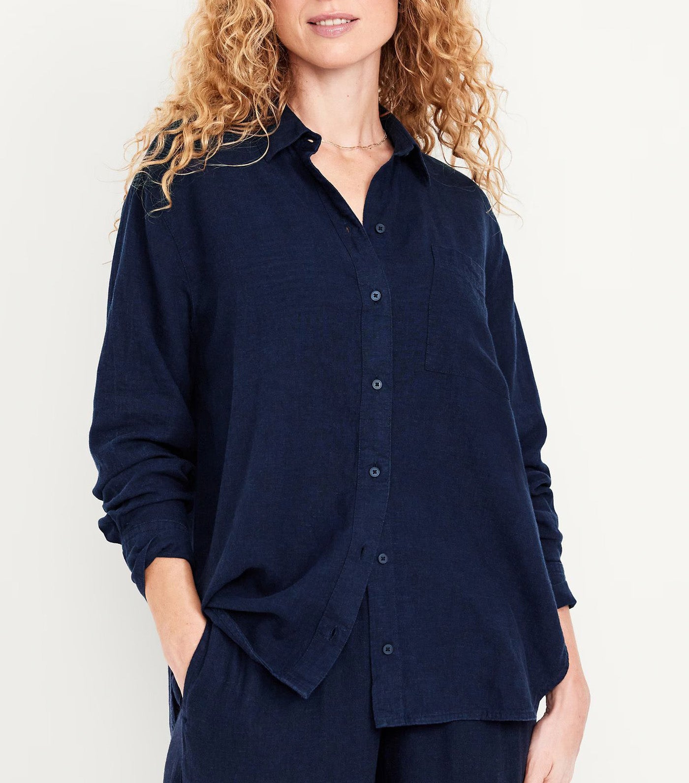 Button-Down Linen-Blend Striped Shirt for Women Indigo