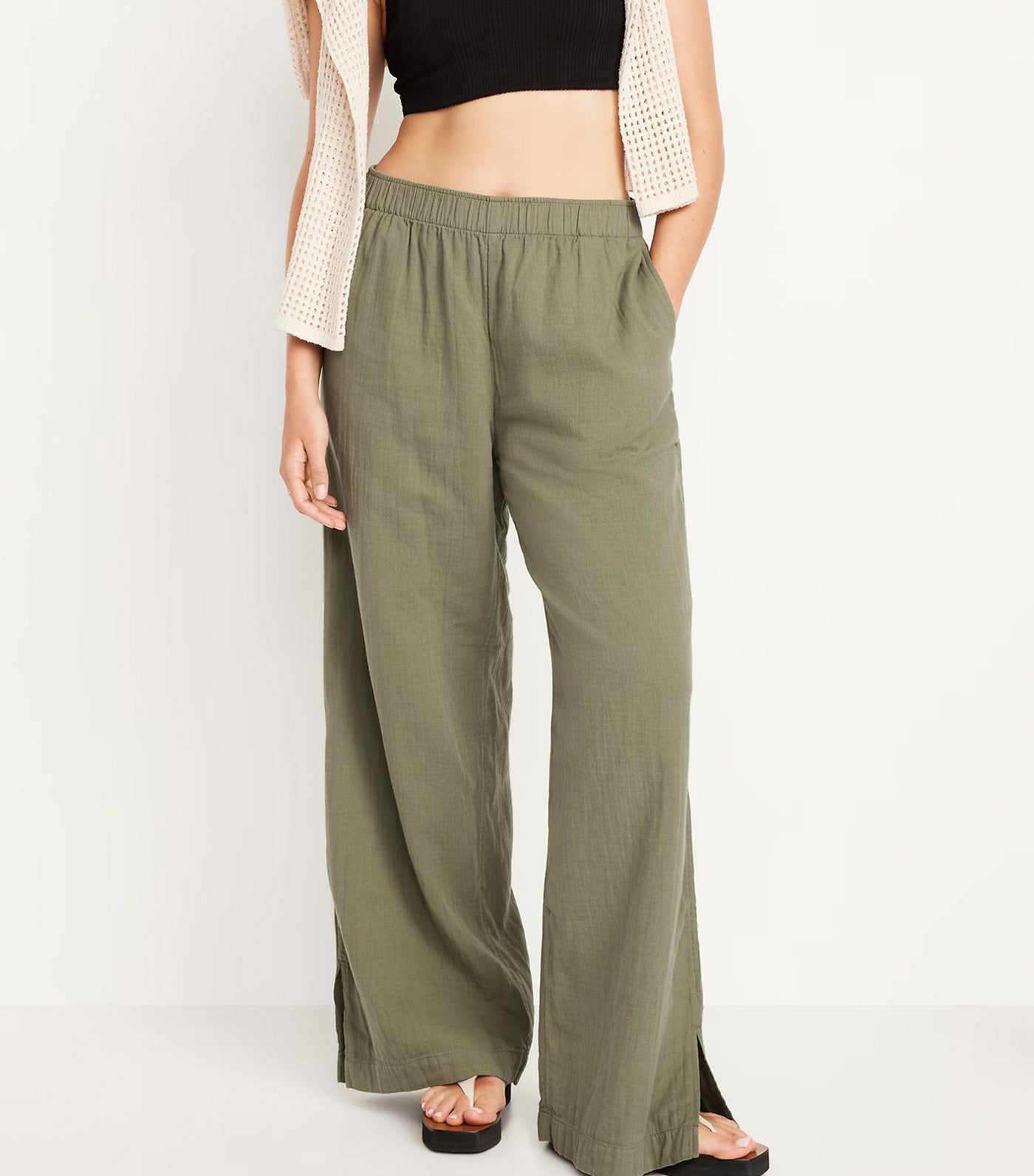 High-Waisted Crinkle Gauze Wide-Leg Pants for Women Bare Ground
