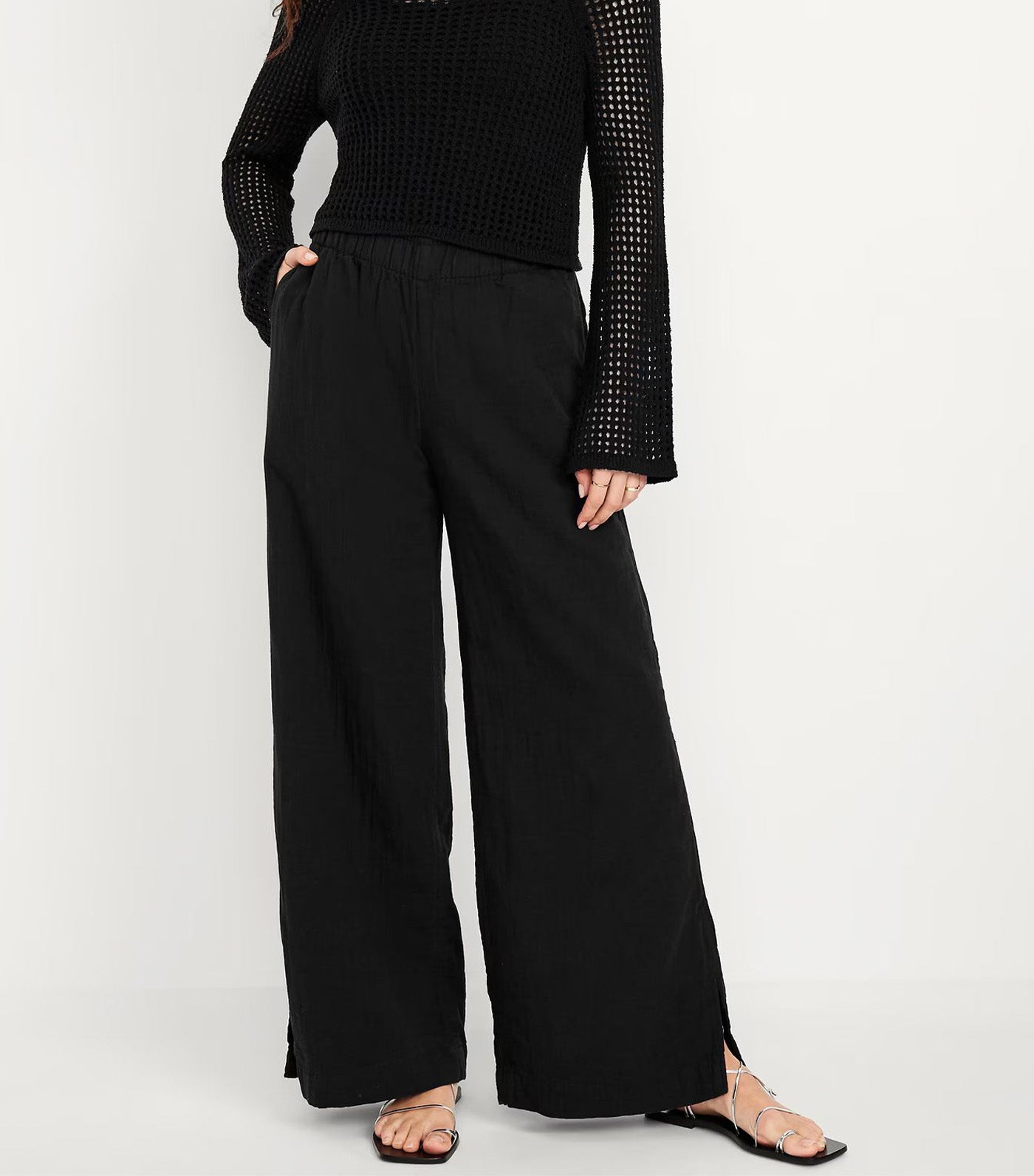 High-Waisted Crinkle Gauze Wide-Leg Pants for Women Black Jack
