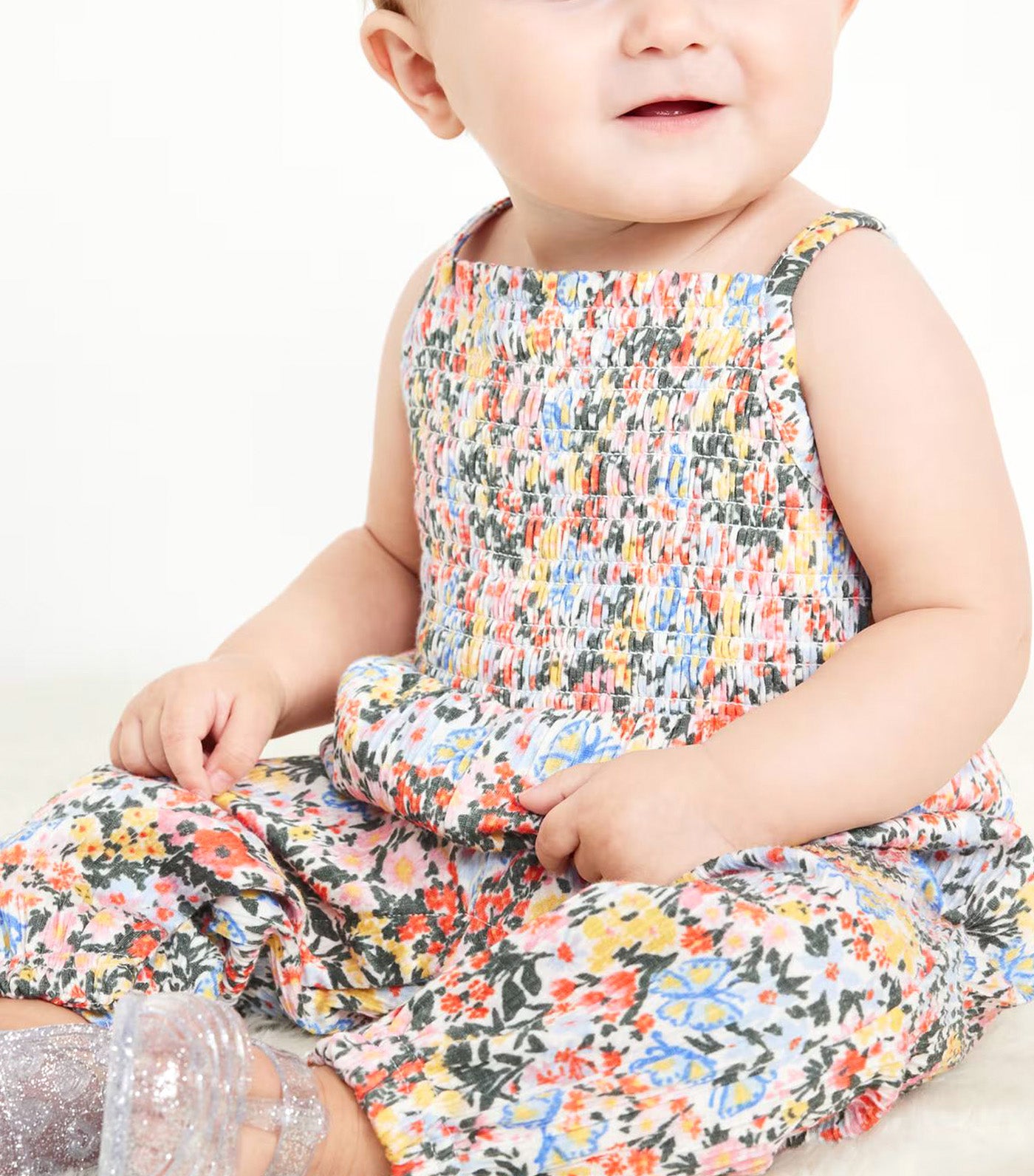 Printed Sleeveless Smocked Jumpsuit for Baby Multi Floral