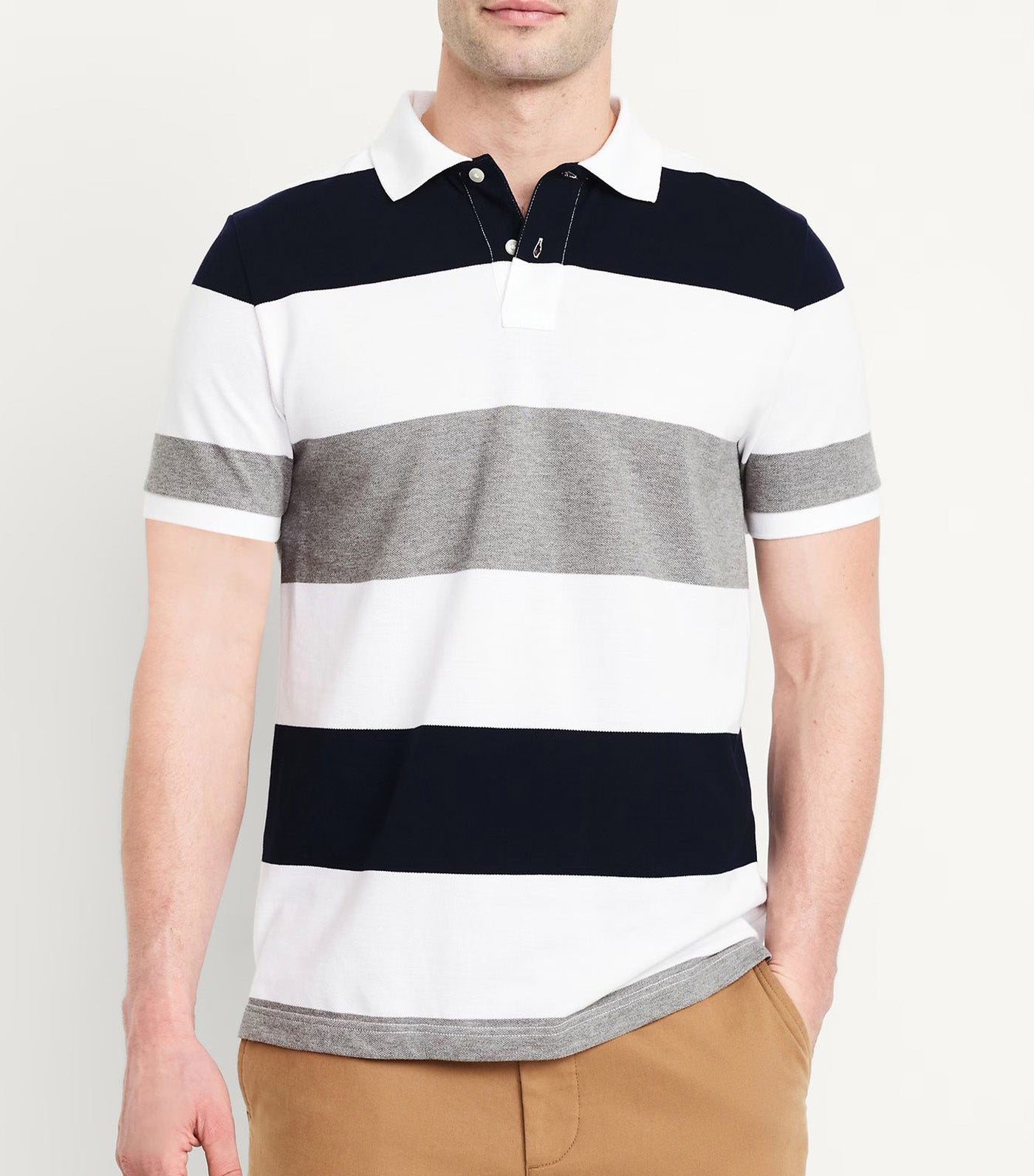 Classic Fit Striped Pique Polo for Men Gray/Navy Stripe