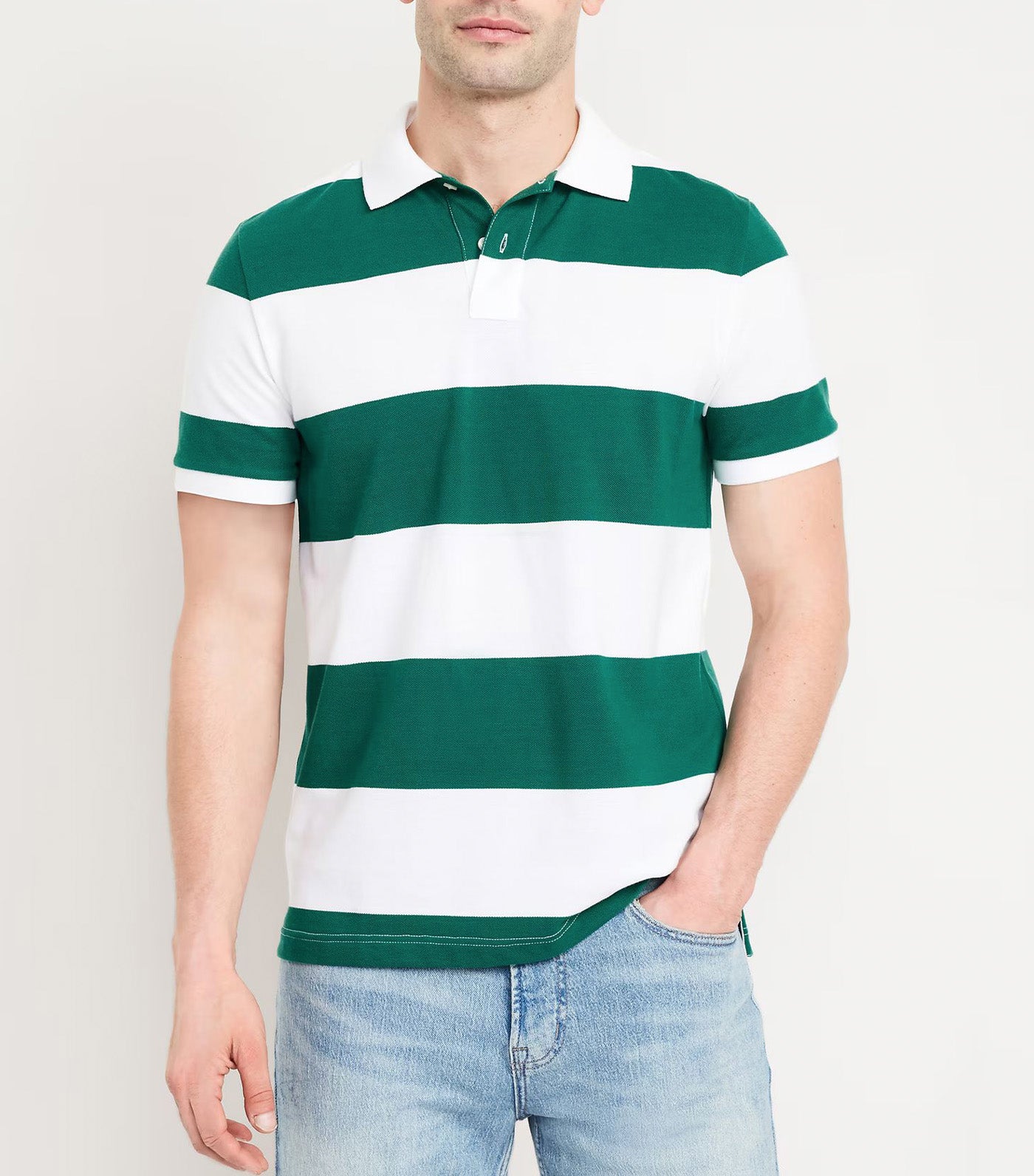 Classic Fit Striped Pique Polo for Men Green Stripe