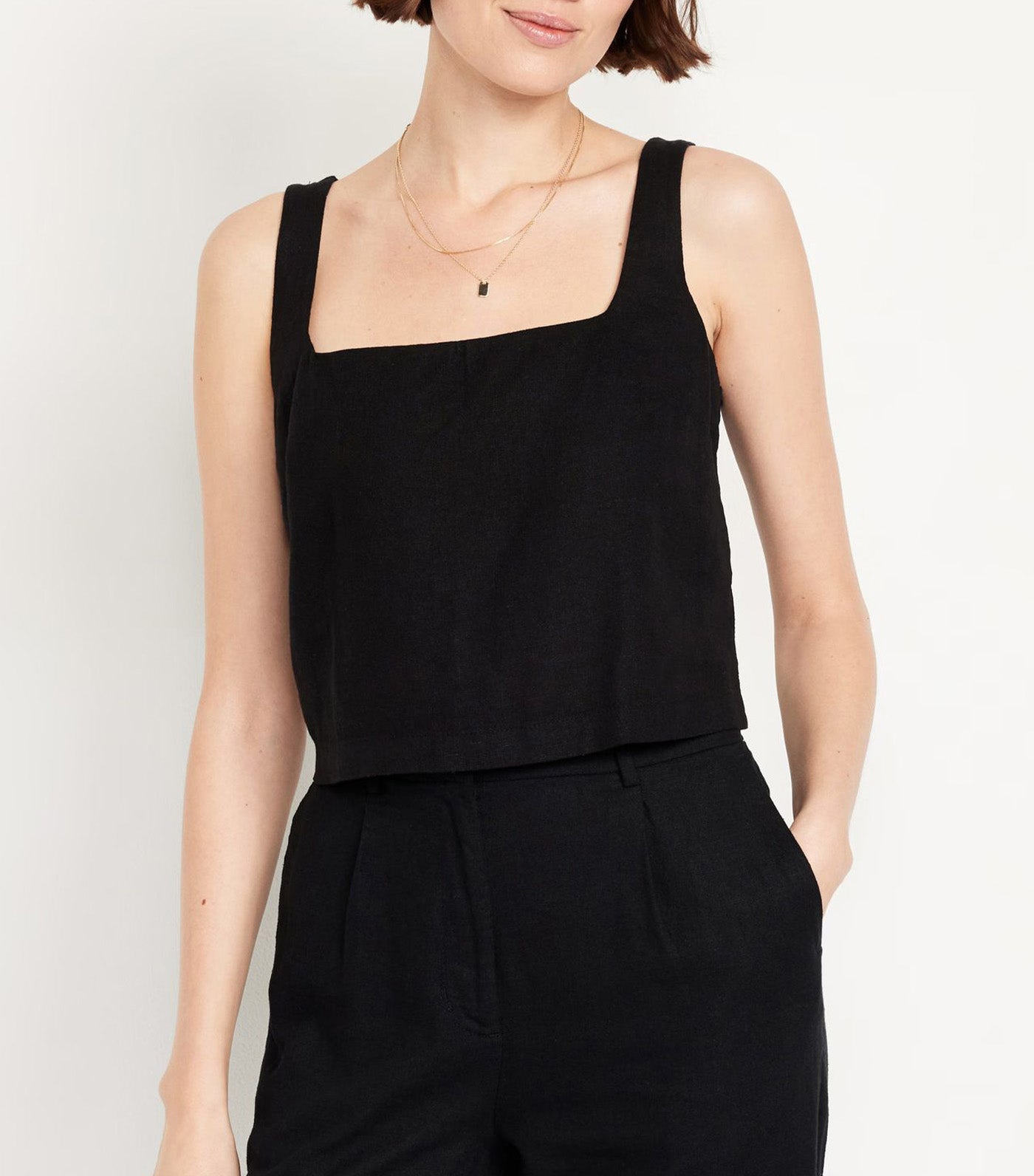 Square-Neck Linen-Blend Crop Tank Top for Women