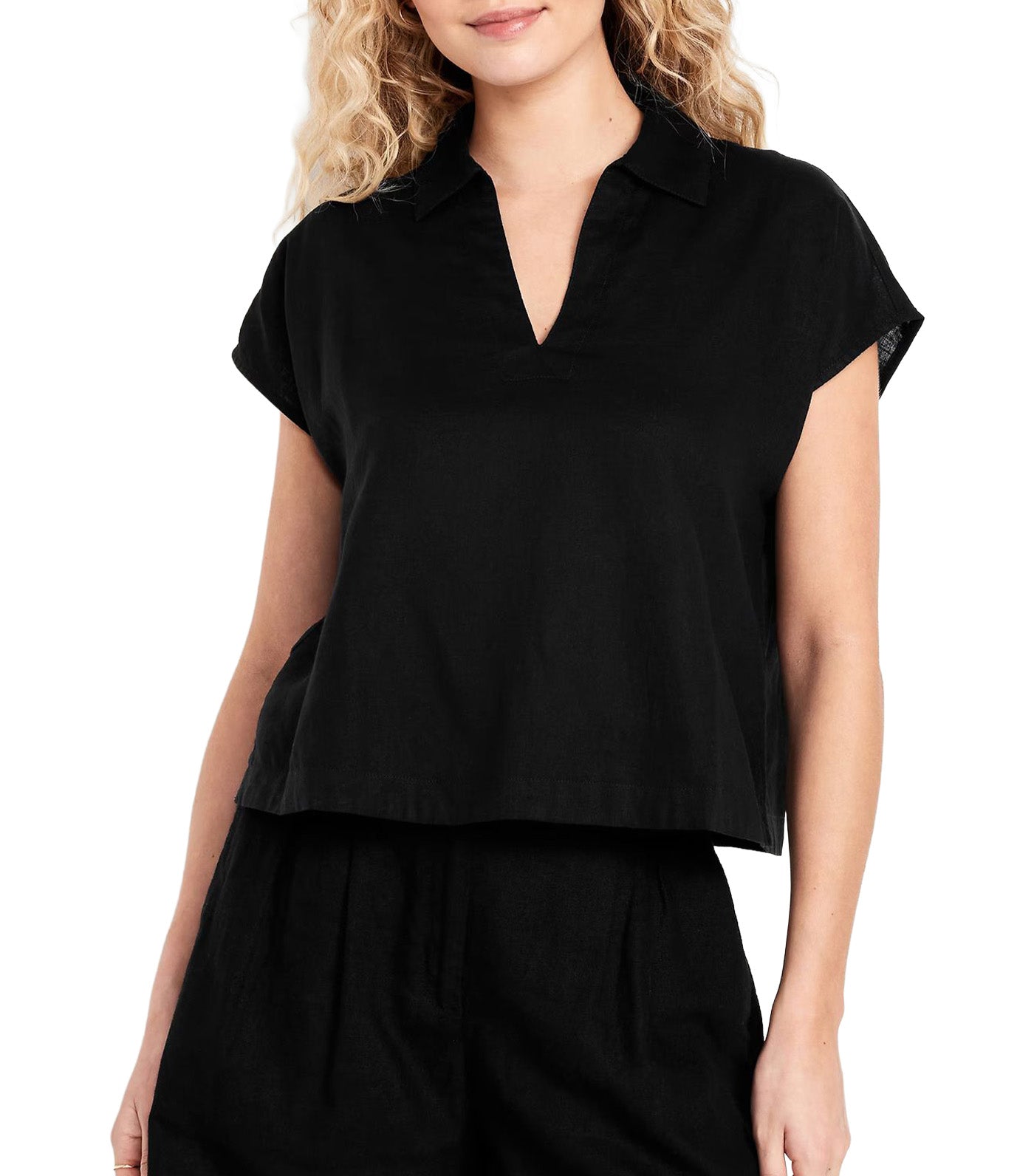 Linen-Blend Cropped Popover Shirt for Women