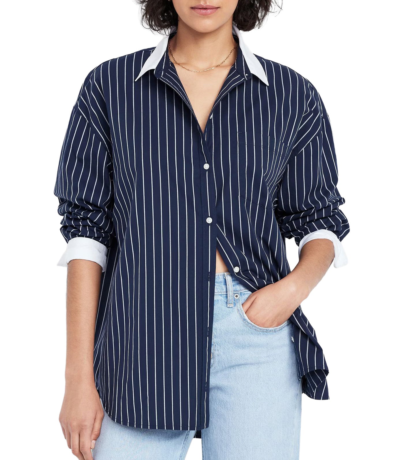 Oversized Button-Down Boyfriend Shirt for Women Navy Stripe