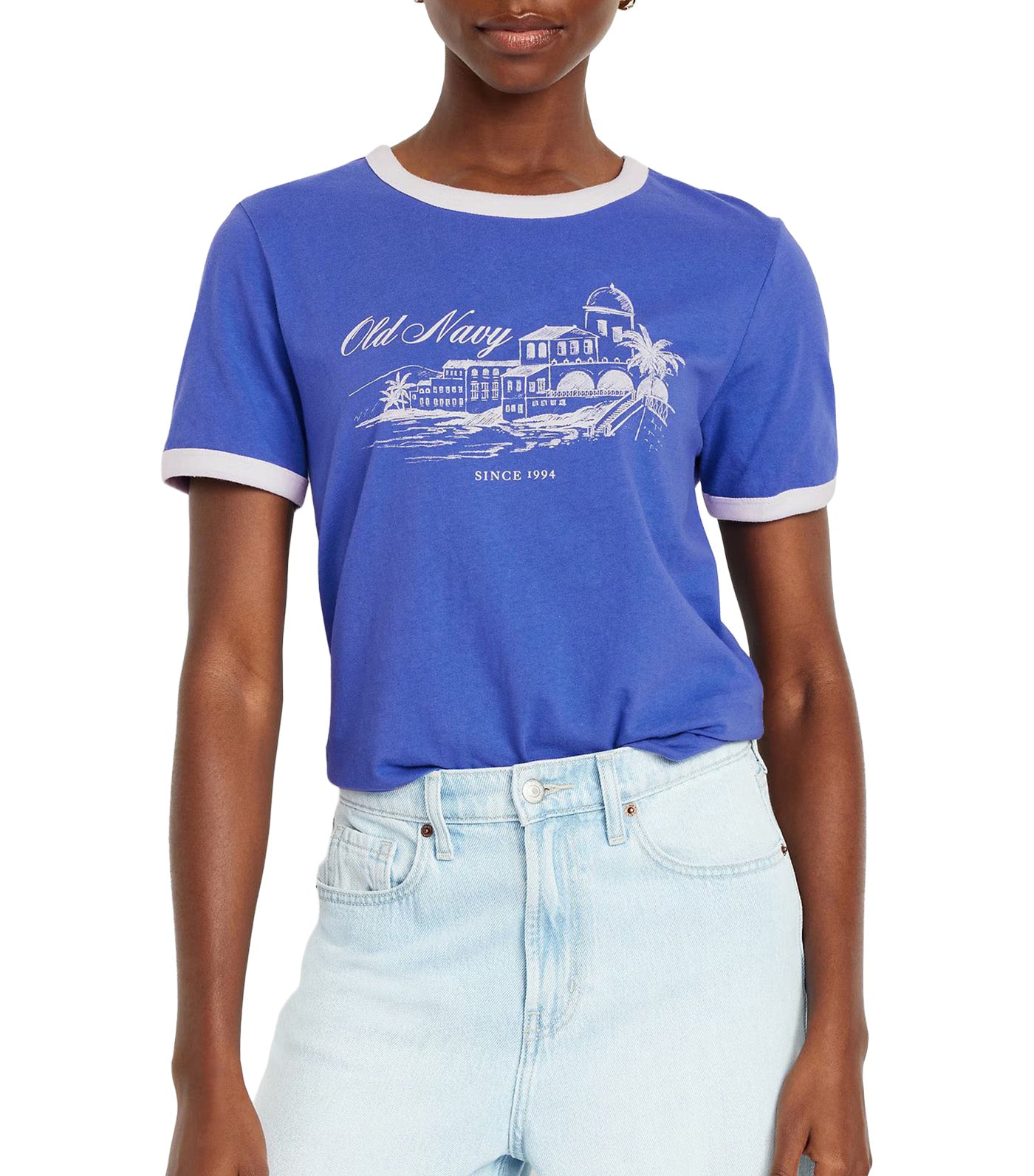 EveryWear Logo-Graphic Ringer T-Shirt for Women Crayon Blue