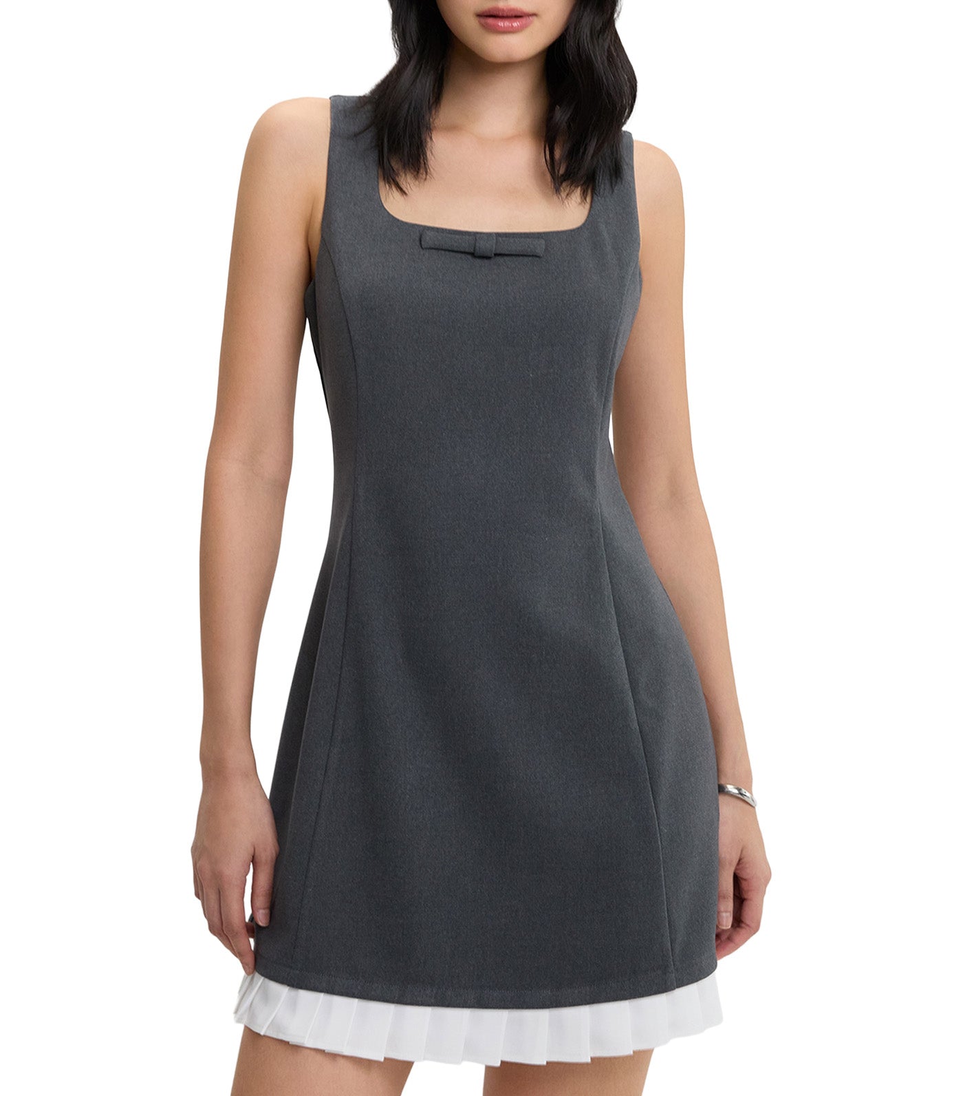 Bow Pleated Trim Dress Mid Gray