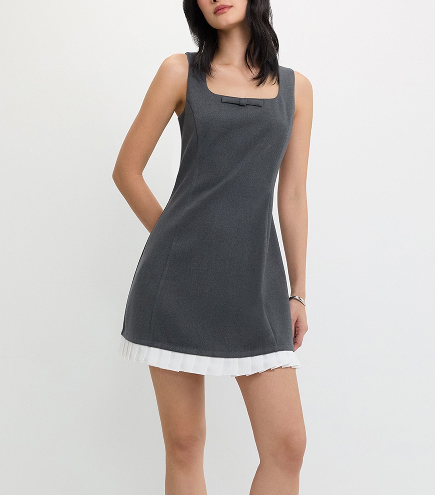 Bow Pleated Trim Dress Mid Gray