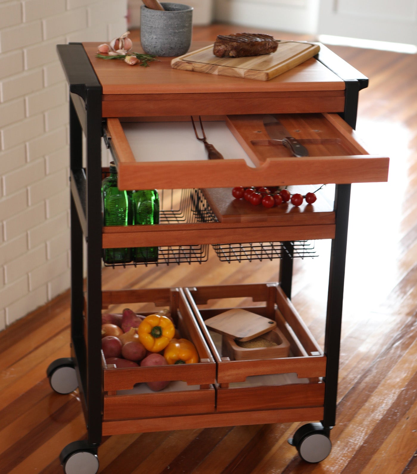BBQ Serving Cart Mahogany Wood with Drawer