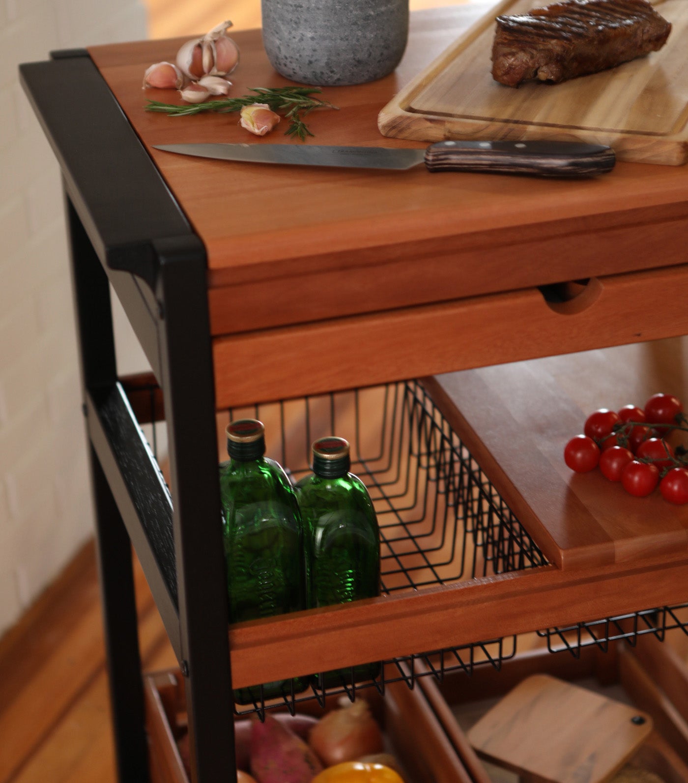 BBQ Serving Cart Mahogany Wood with Drawer
