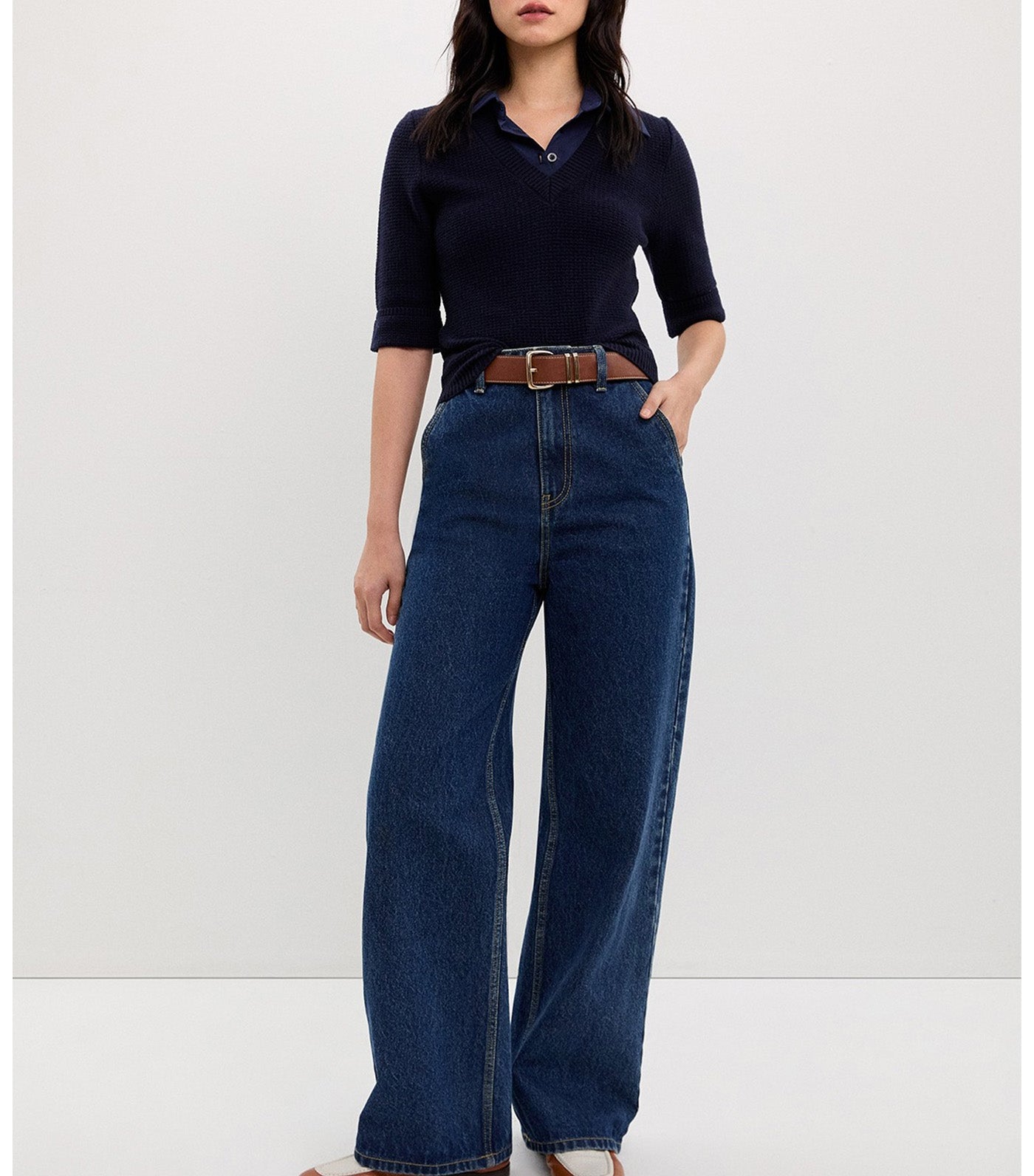 Pomelo Layered V-Neck Knit Top Navy