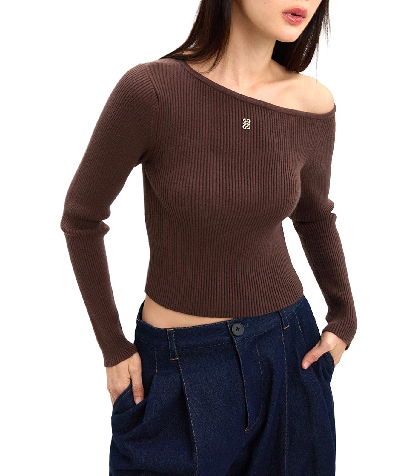 Pomelo Asymmetric Knit Top Brown