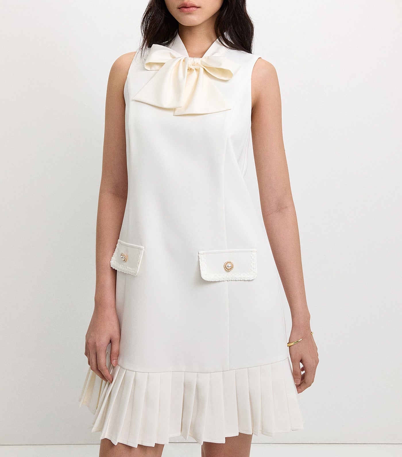 Pleated Bow Tie Dress Ivory