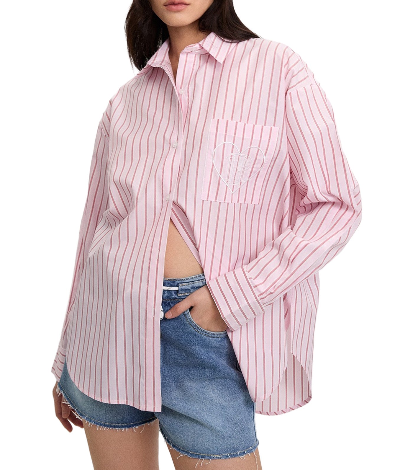 Heart Embroidered Striped Shirt Pink