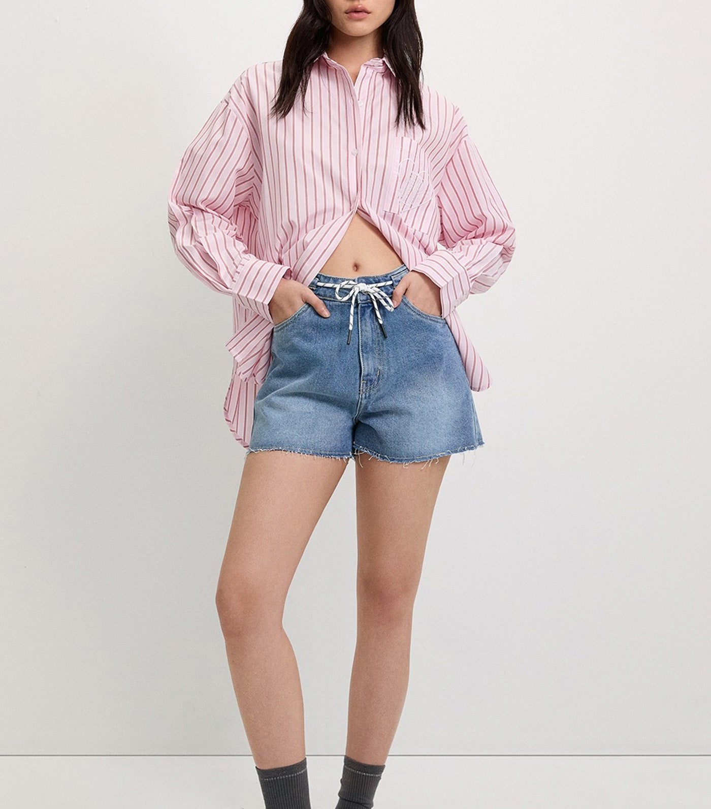 Heart Embroidered Striped Shirt Pink