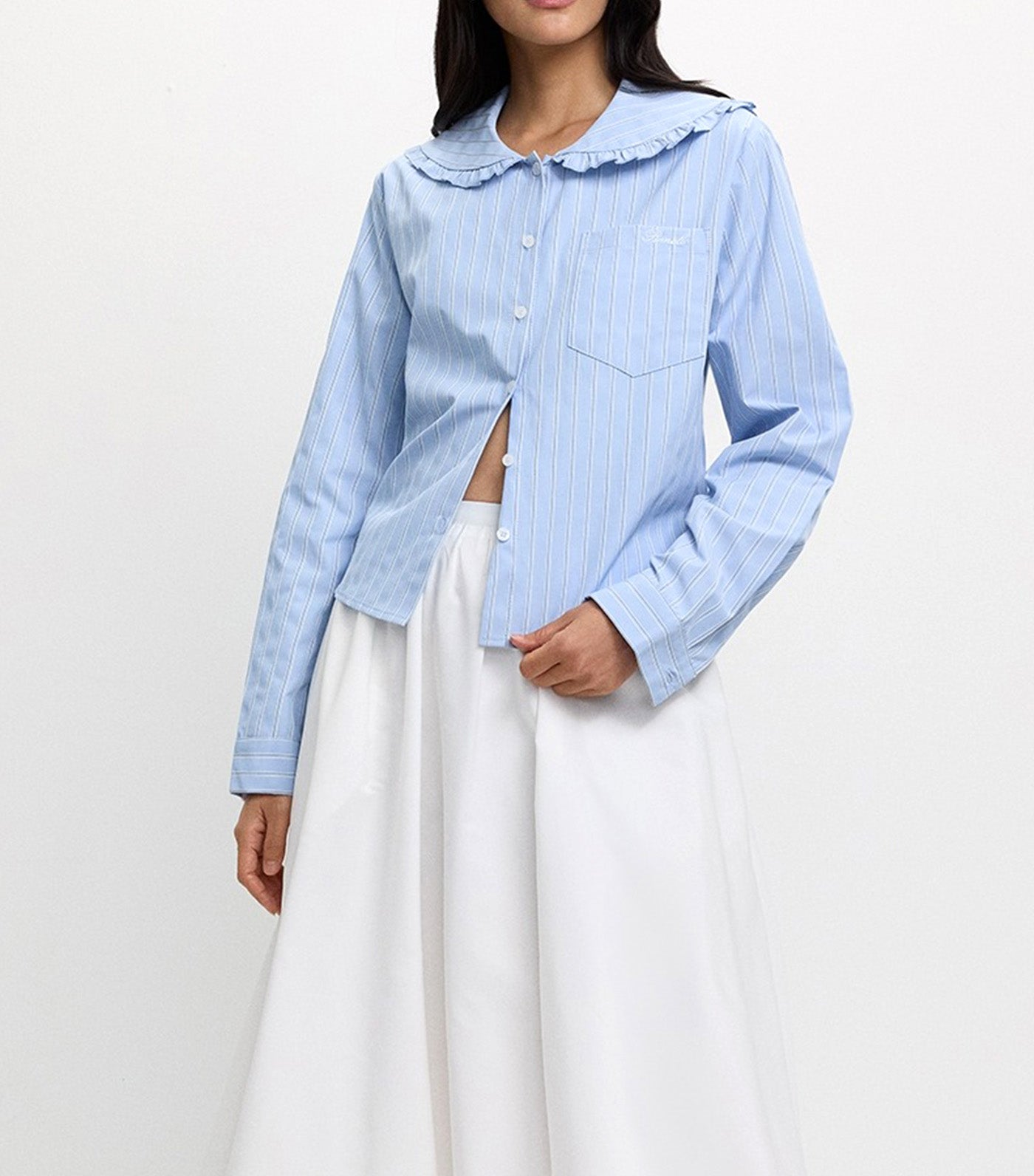 Peter Pan Collar Striped Shirt Baby Blue