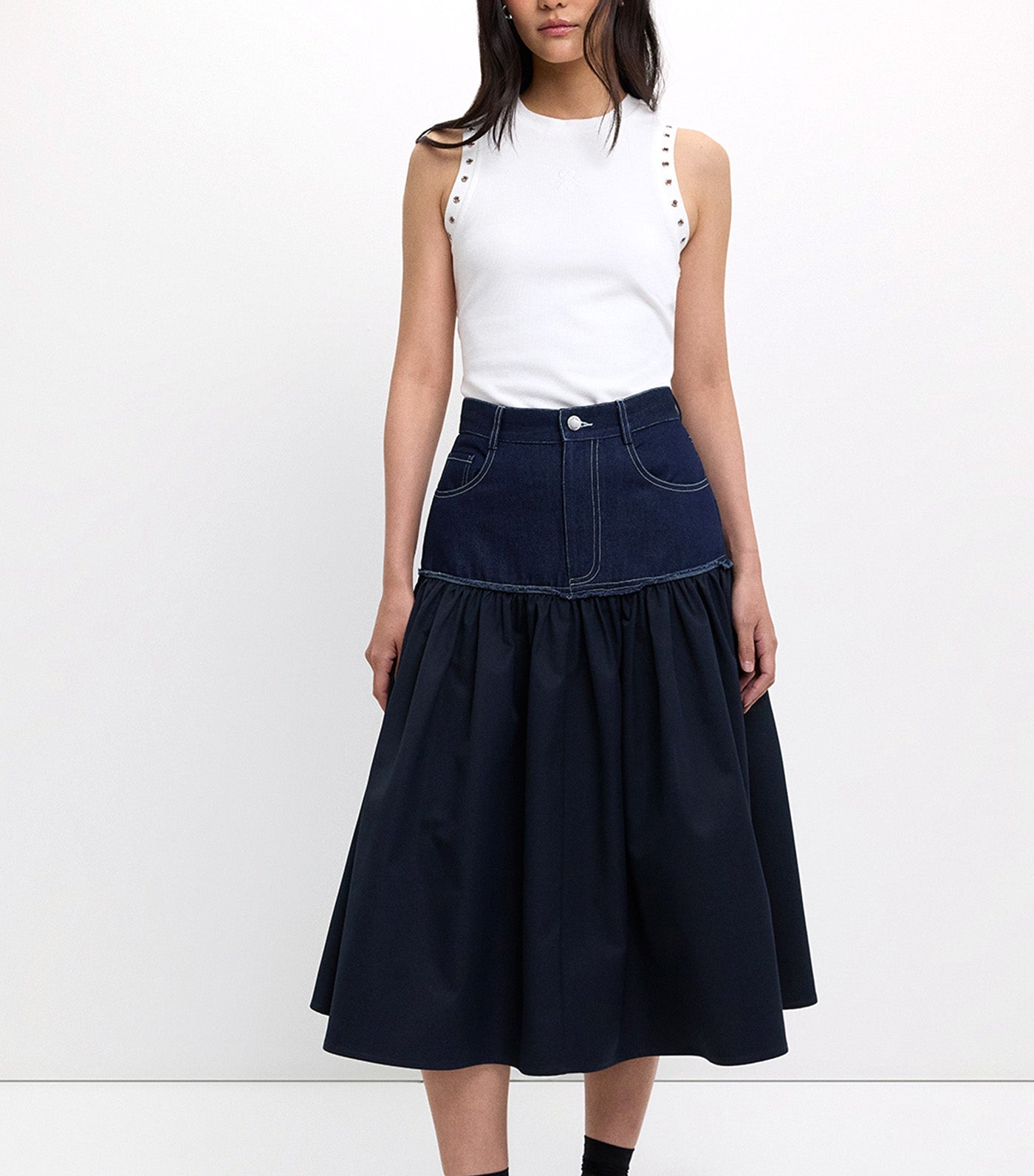 Denim Tiered Skirt Dark Blue